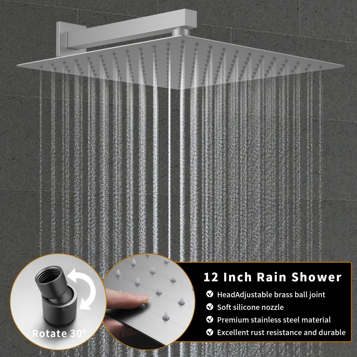 AYIVG Brushed Nickel Shower System with Tub Spout Wall Mounted Shower Fixture Set with High Pressure 12 inch Rain Shower Head and Temperature Digital Display Pressure Balancing Shower Diverter Valve
