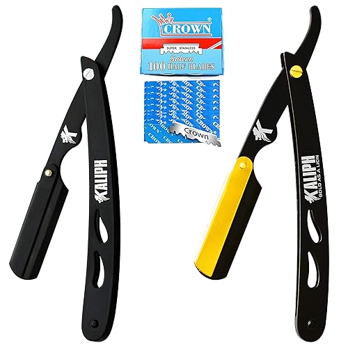 Kaliph Maquinilla de afeitar profesional de peluquería recta para hombre paquete de 2 piezas de afeitar recta con 100 cuchillas de afeitar de