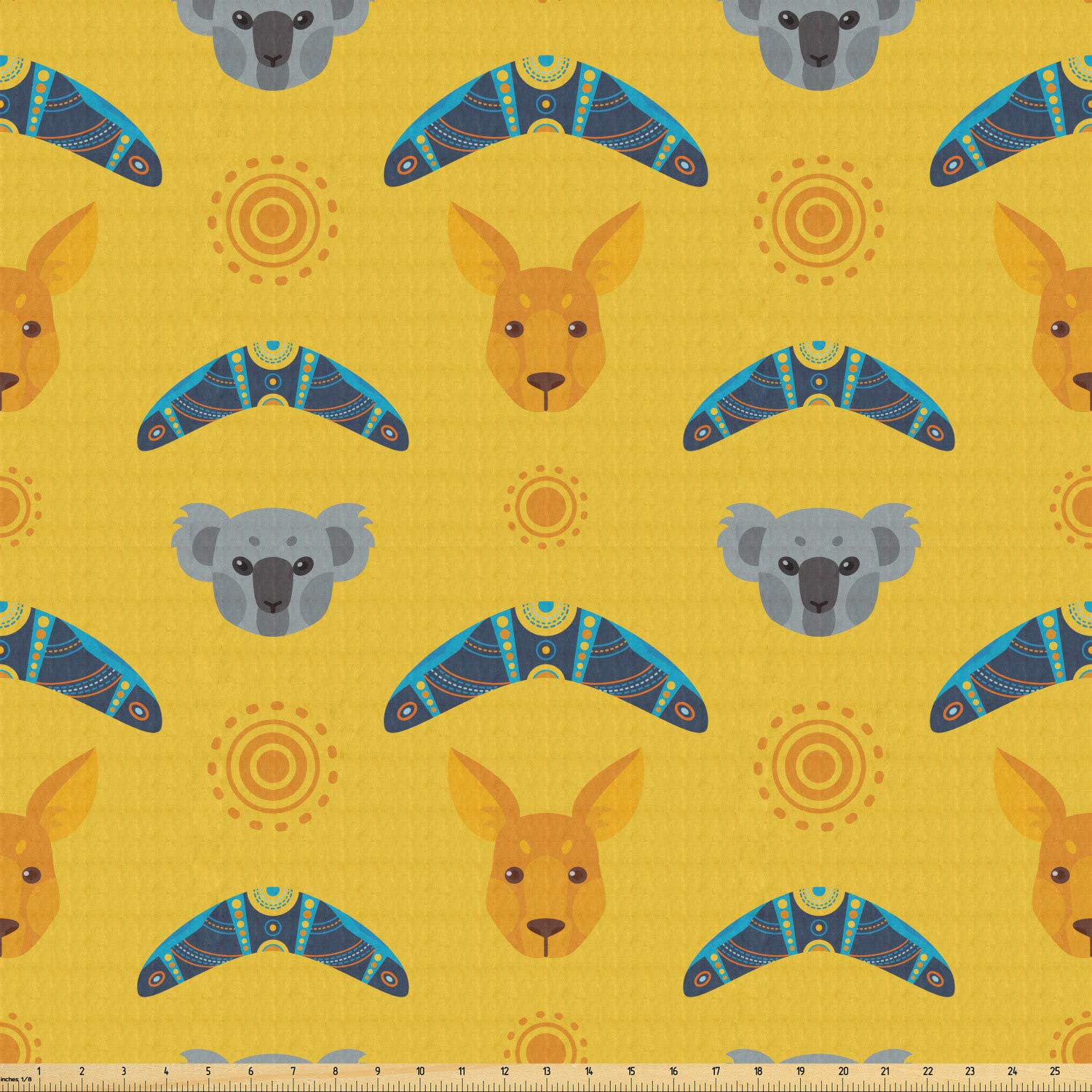 Ambesonne Kangaroo Fabric by The Yard, Australian Aboriginal Pattern Boomerang and Koala Bear Animal, Stretch Knit Fabric for Clothing Sewing and Arts Crafts, 1 Yard, Mustard Blue