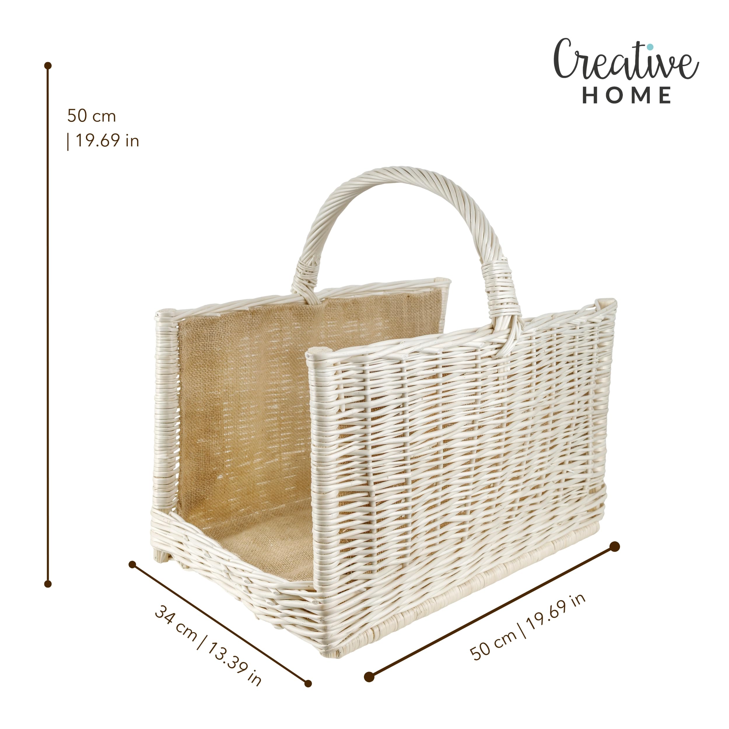 Panier de Rangement en Osier 50x34x50cm Blanc Tissé à la Main avec Poignée et Jute