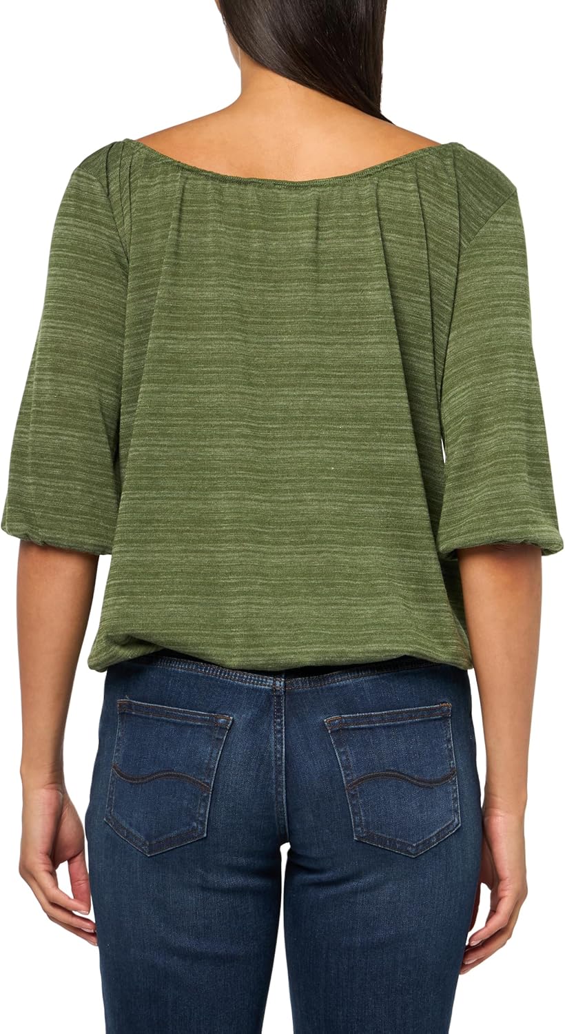 Star Vixen Women's Petite 3/4 Sleeve Peasant Elastic-Hem Keyhole-Tie Top Shirt, Green Heather, P-Small - Image 2