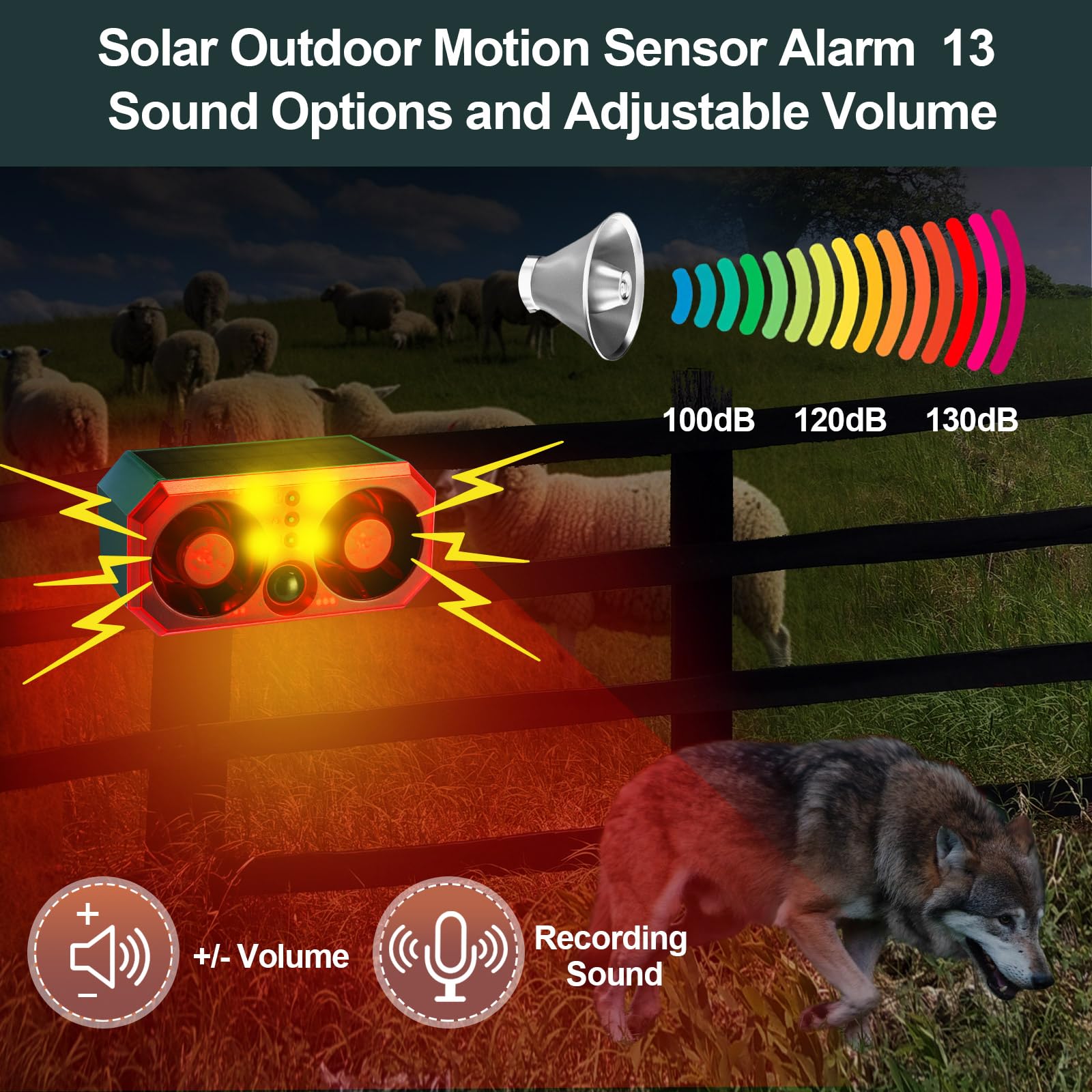 Qualirey 2 sensores de movimiento solares para exteriores, alarma de movimiento, disuasorio de animales, alarma de ladridos de perros, 13 sonidos, 130 db, fabricante de ruido fuerte, 4 modos con