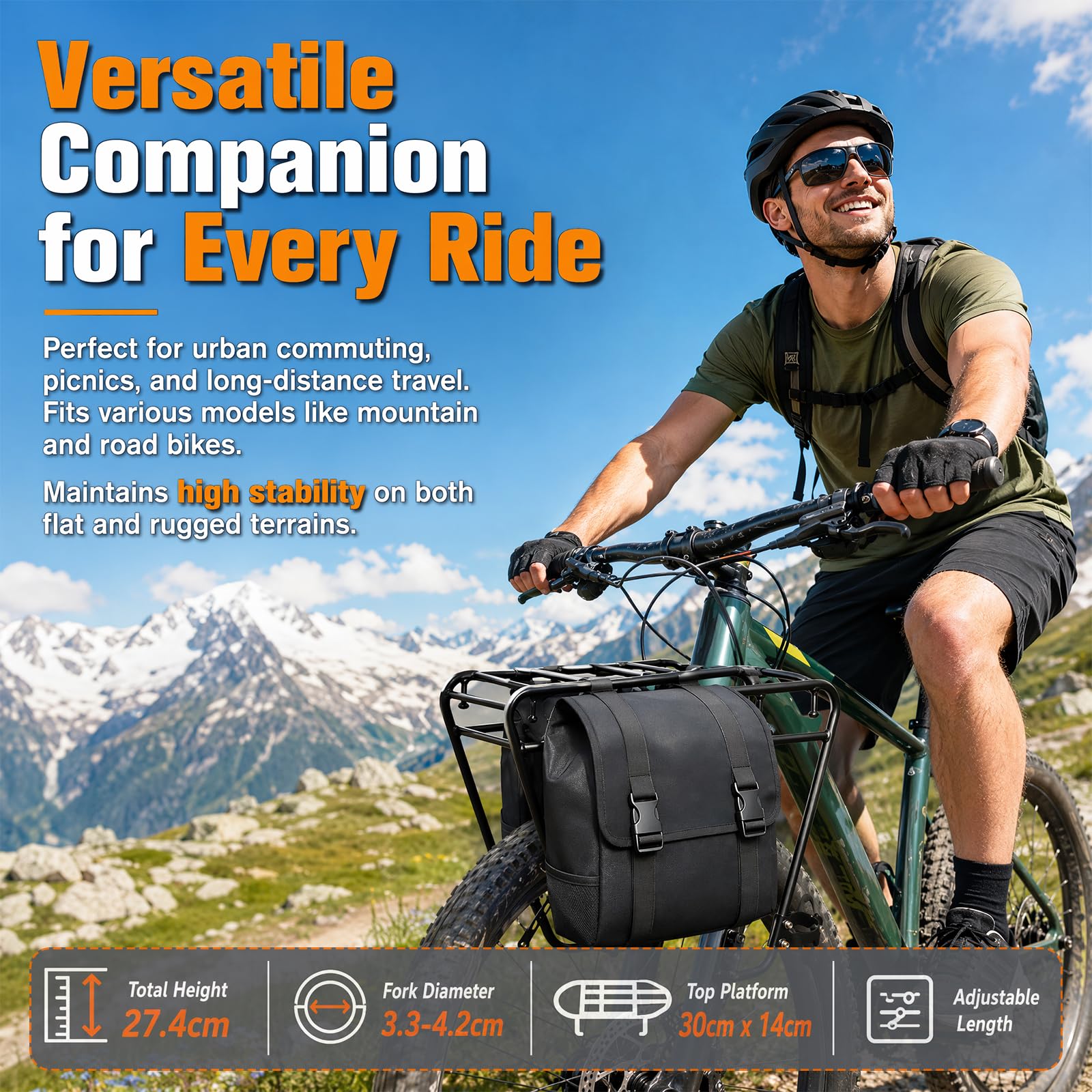 Porte-bagages de vélo, porte-bagages avant et avant pour les randonnées, capacité de charge de 20 kg, porte-bagages avant de vélo pour les trajets sur route