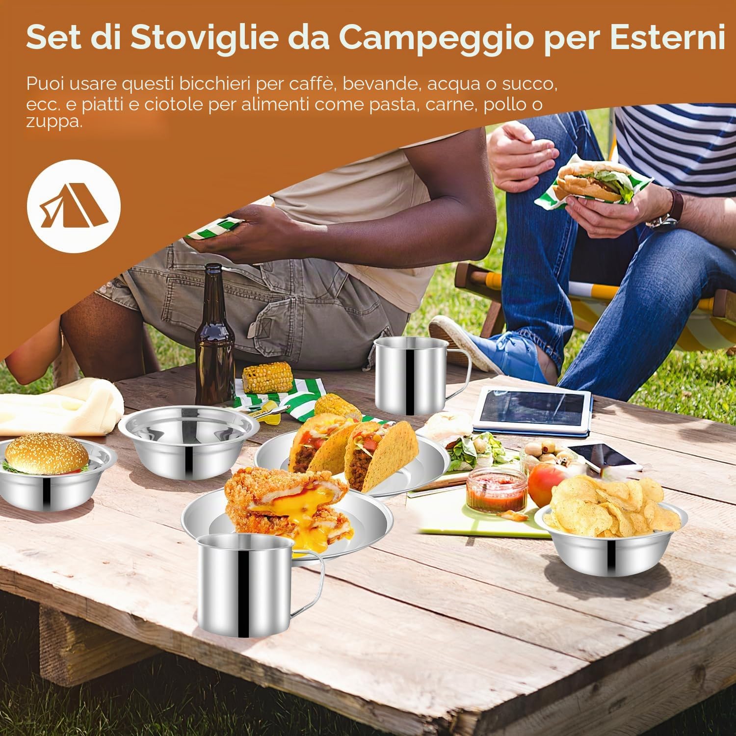Tissting 24 Pezzi Pentole da Campeggio Kit Acciaio Inox 4 Persone Campeggio Piatti Set con Piatti Tazze Cucchiai Forchette, Utensili Argenteria Outdoor per Viaggi Escursioni Picnic