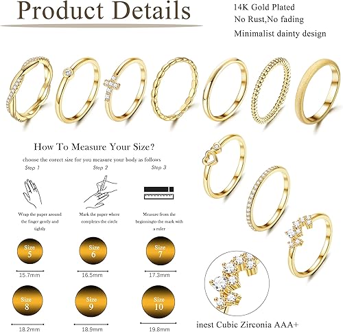 Miniatura 3 de FIBO STEEL Juego de 10 anillos apilables chapados en oro de 14 quilates para mujer delicados minimalistas apilables anillos de nudillos con