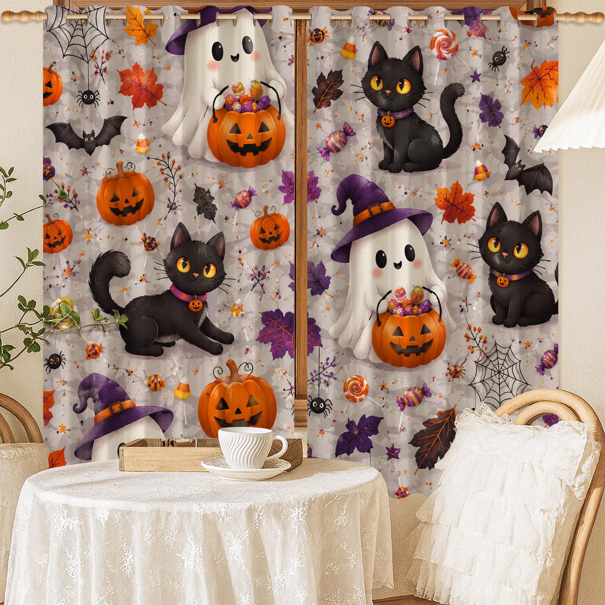 Rideaux occultants pour chambre à coucher, isolation thermique et motif Halloween chat noir