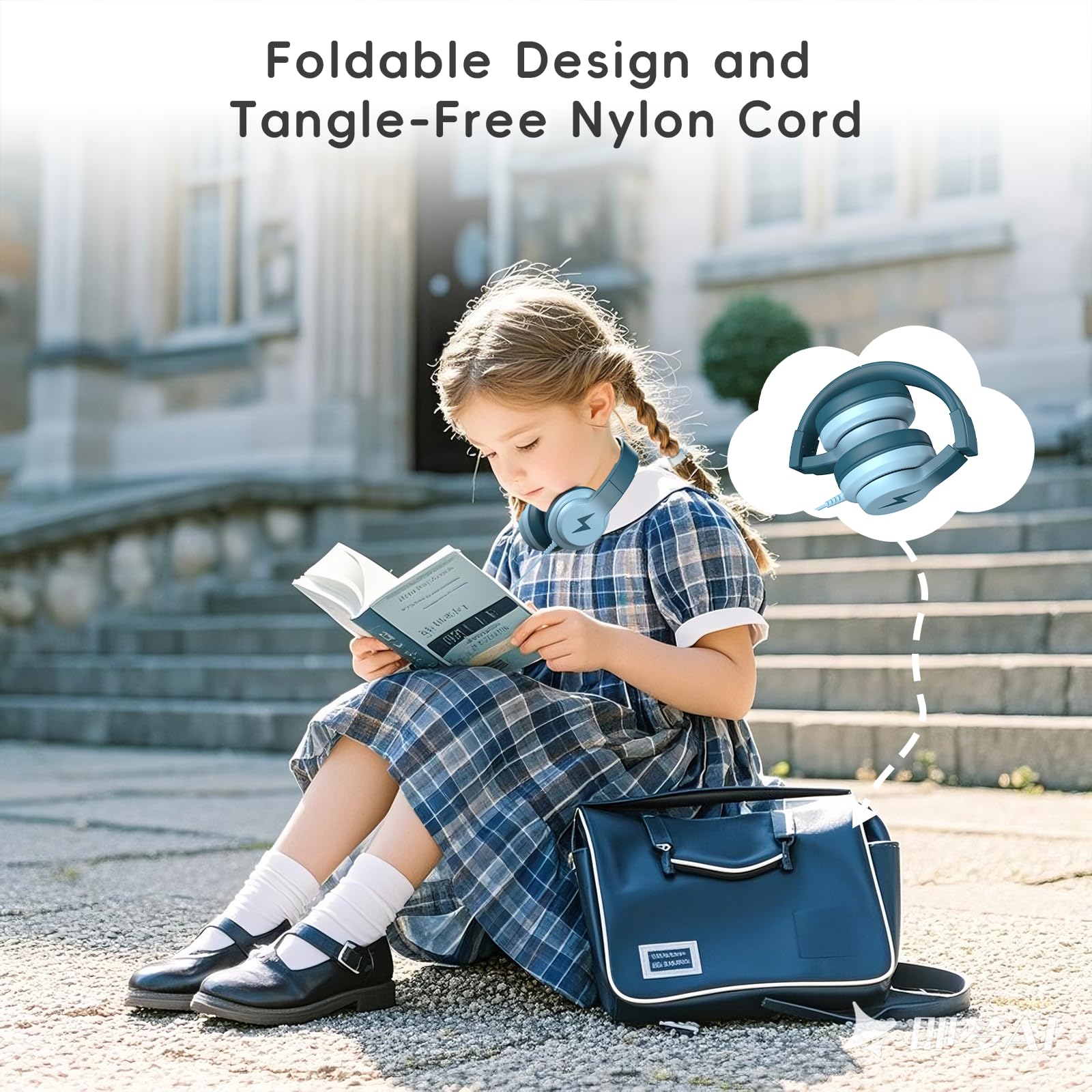 Candy Bila Auriculares para niños, auriculares con cable para niños sobre la oreja con micrófono, limitador de volumen de 85/94 dB para niñas y niños, auriculares plegables para aprendizaje y