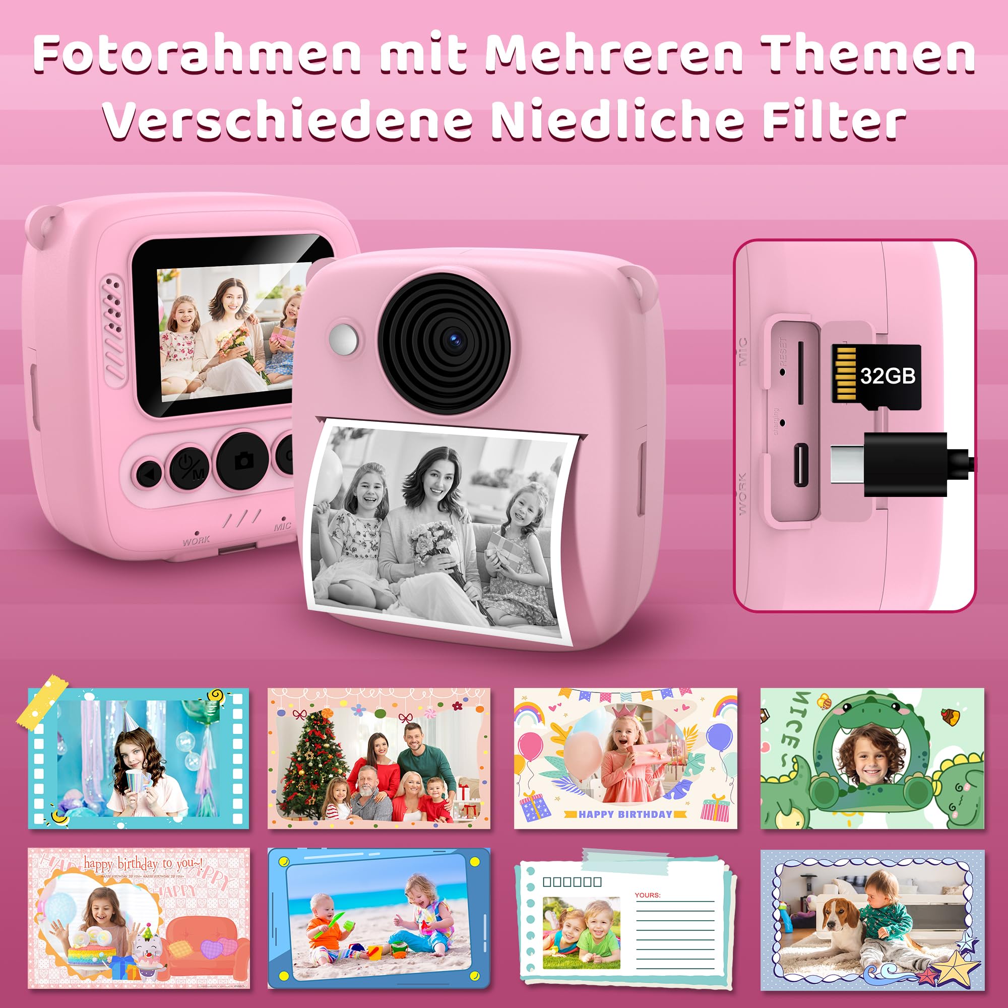 kamera Sofortbildkamera, Kamera mit 32GB Karte & 4 Bände Druckpapier, 48MP Sofortbildkamera mit 1080P Digitalkamera für , Geschenke für Mädchen und Jungen von 3 bis 12 Jahre