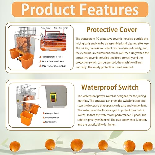 Miniatura 5 de Máquina exprimidora naranja comercial de 110 V, extractor automático de acero inoxidable naranja con engranajes de acero, 2 cáscaras que recogen