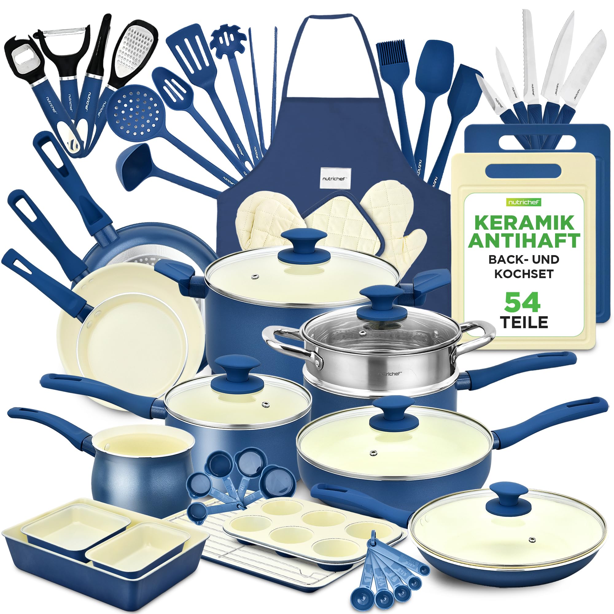 NutriChef Kochgeschirr Set 54-tlg – Pfannen, Töpfe, Küchenhelfer Blau– Mit Messer, Backformen, Zubehör – Für Induktion, Gas und Elektro – Gesund und fettarm kochen