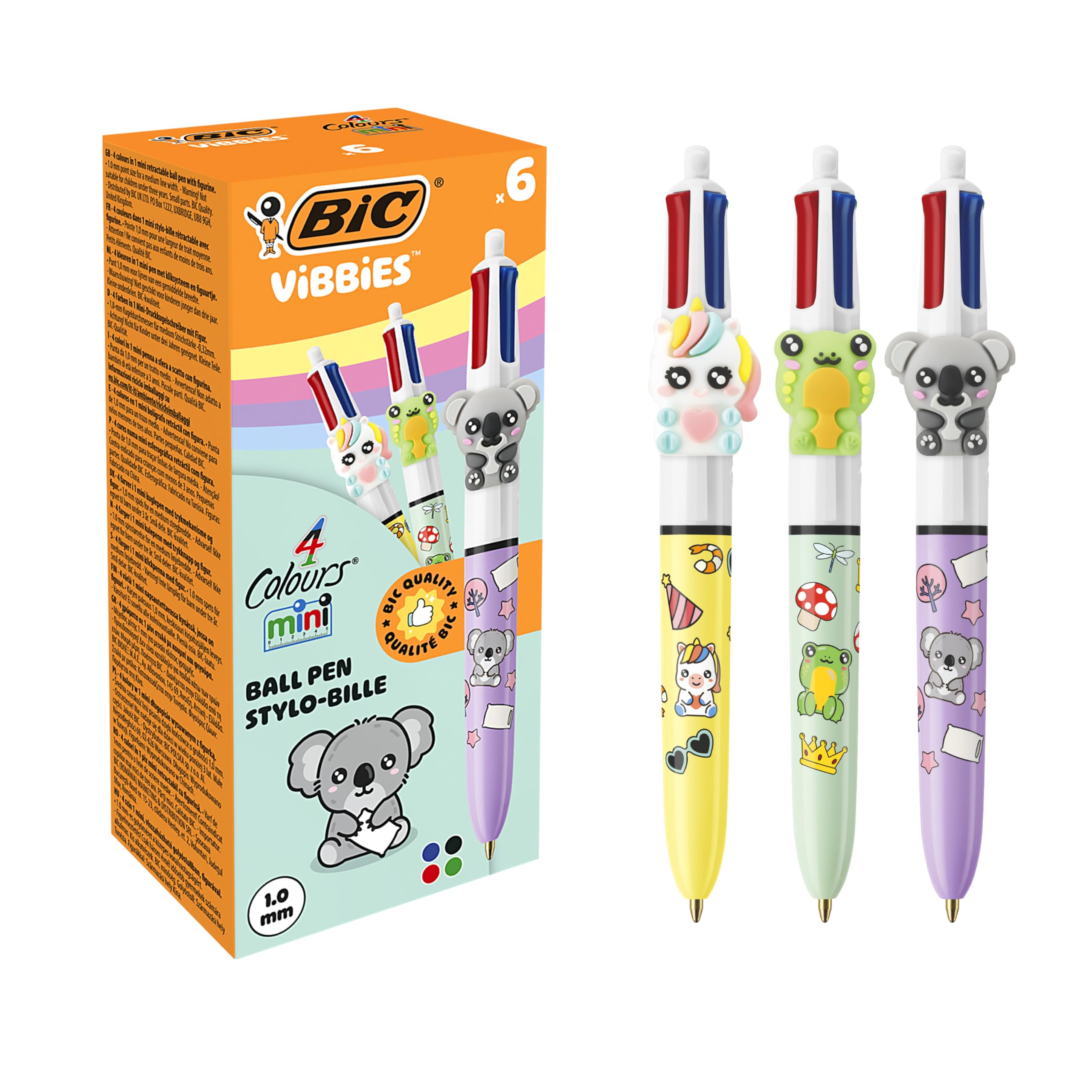 BIC Vibbies 4 Colours Mini Ball Pen Medium Point (1.0 mm) with Fun Animal Figurines - Pastel Barrel, Classic Ink Colours, Pack of 6