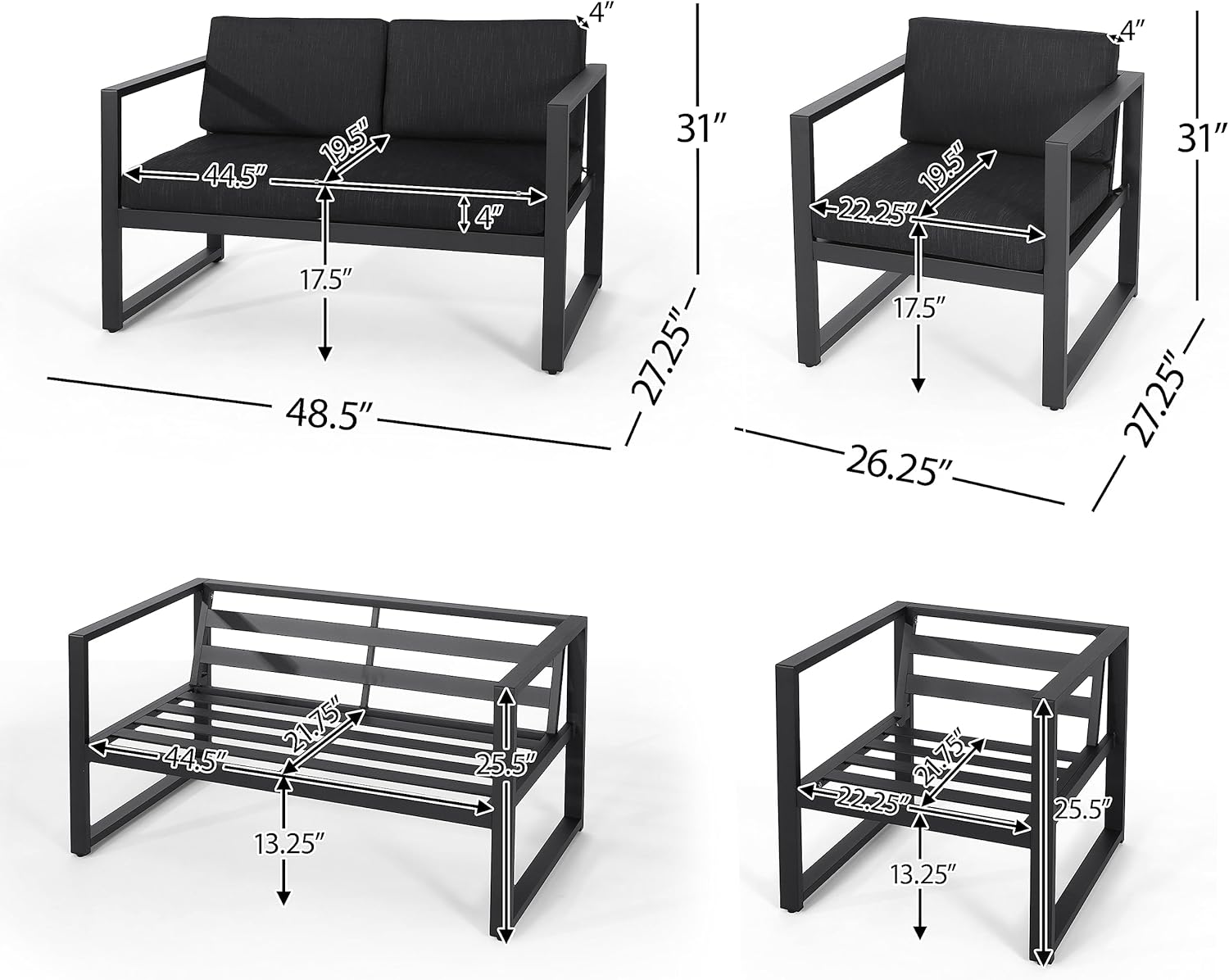 3 Piece Aluminum Frame Chair Set, Including A Loveseat and Two Club Chairs, Durable and Comfortable Patio Furniture, Generally Used for Outdoor Use and Entertaining Guests