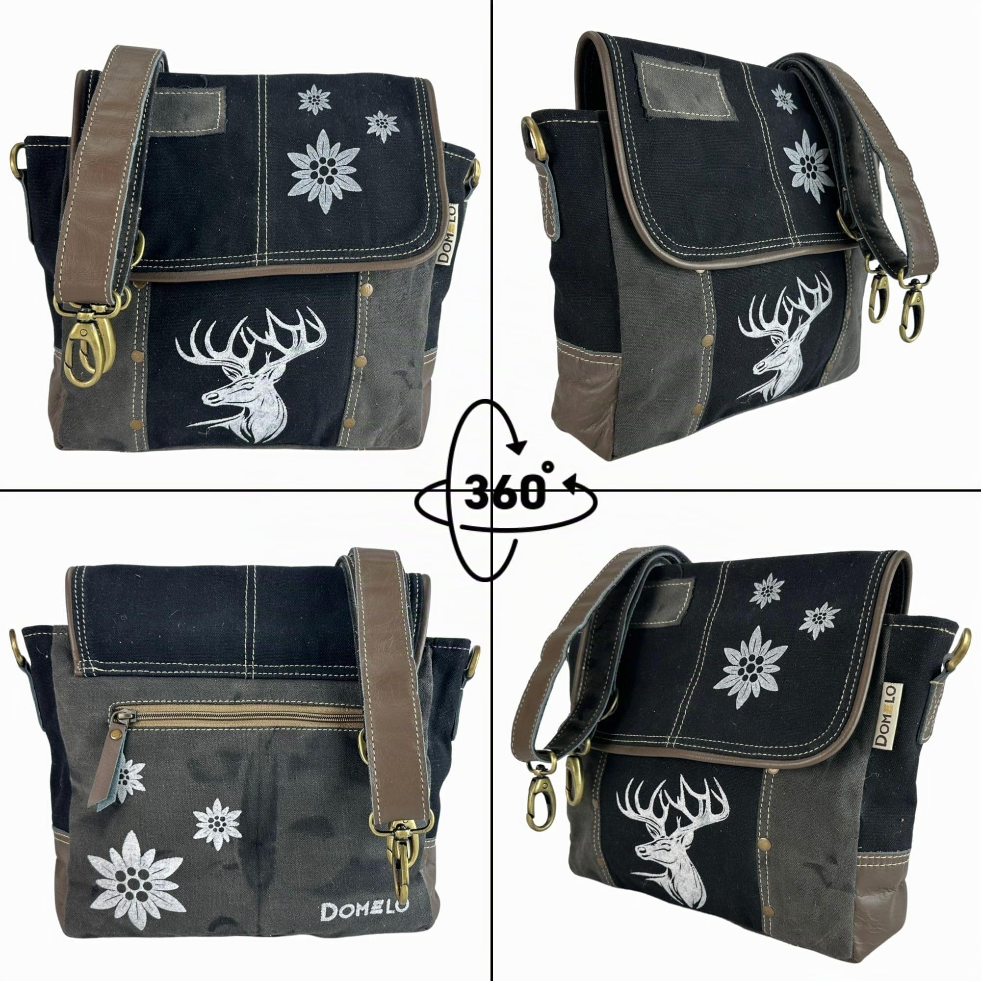 Domelo Trachtentasche. Schwarz/grau Messenger Tasche nit Hirsch/Edelweiß