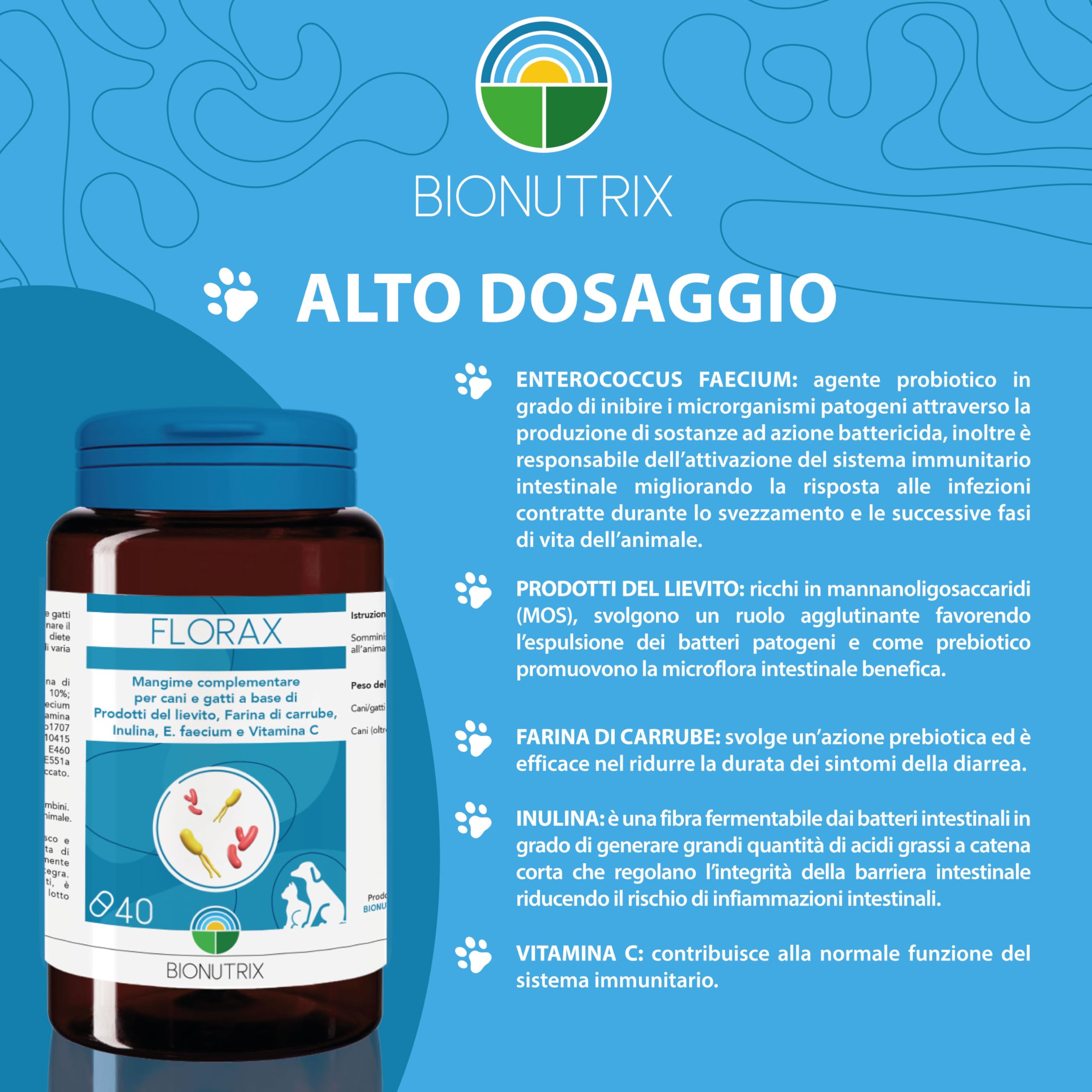 FLORAX | Probiotico per Cane e Gatto | 40 CPR Appetibili | Alto Dosaggio | Integratore Alimentare | Ripristino Flora Intestinale | MOS, E.faecium, Farina di Carrube, Inulina e Vitamina C | BioNutrix ®