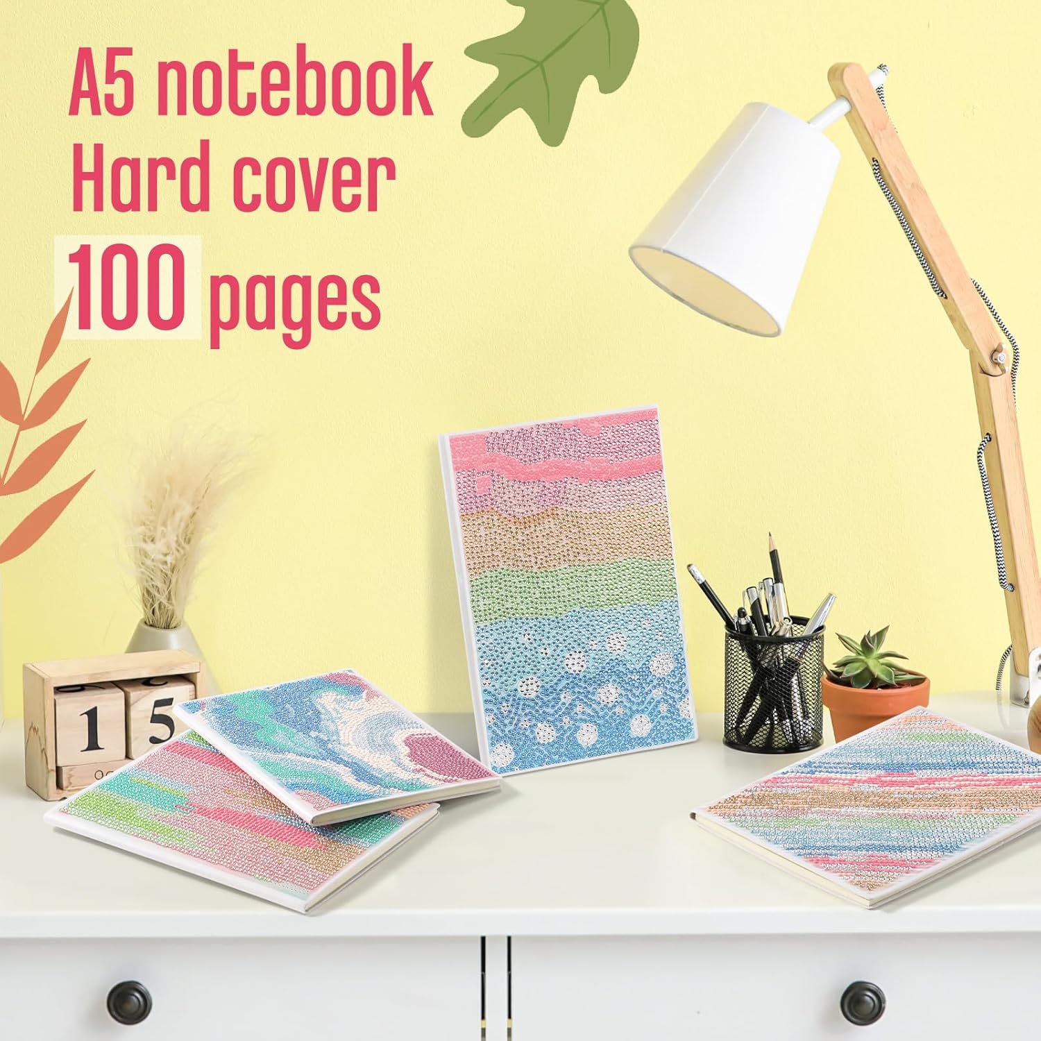 Mooliwe 4 Pcs Diamond Painting Notebook for Adults, Diamond Art Journal DIY Art Kits Sets A5 Leather Painting Sketchbook Christmas Gifts for Adults Beginners(Watercolor)