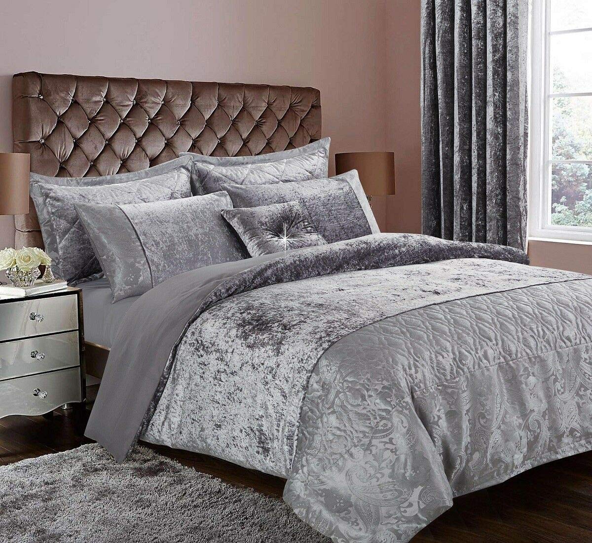 Thl Santiago-D/S-Silver 3 Piece Duvet/Quilt Cover Set Crushed Velvet Bedding Set With 2 Pillow Case (, Double)