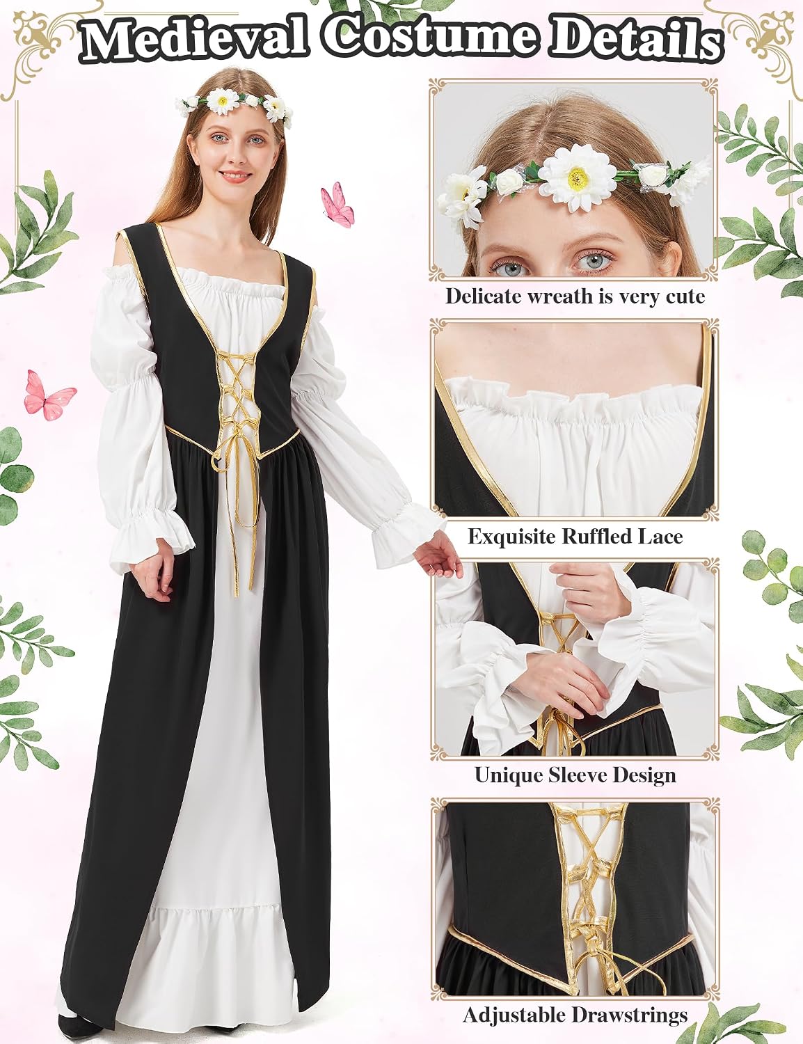 Renaissance Costume Women Medieval Dress Long Sleeve Black Red Green Chemise Overdress Wreath Halloween Cosplay Party