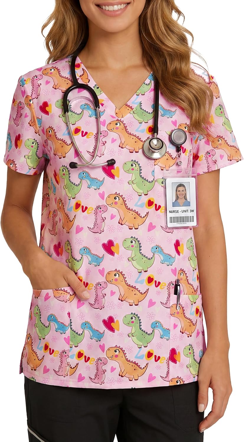 Women's Print Scrub Tops V Neck Short Sleeve Fun Scrubs Shirts | Cute Cartoon Patterned Scrubs Shirts for Nurses Pediatric Veterinary with 3 Pockets