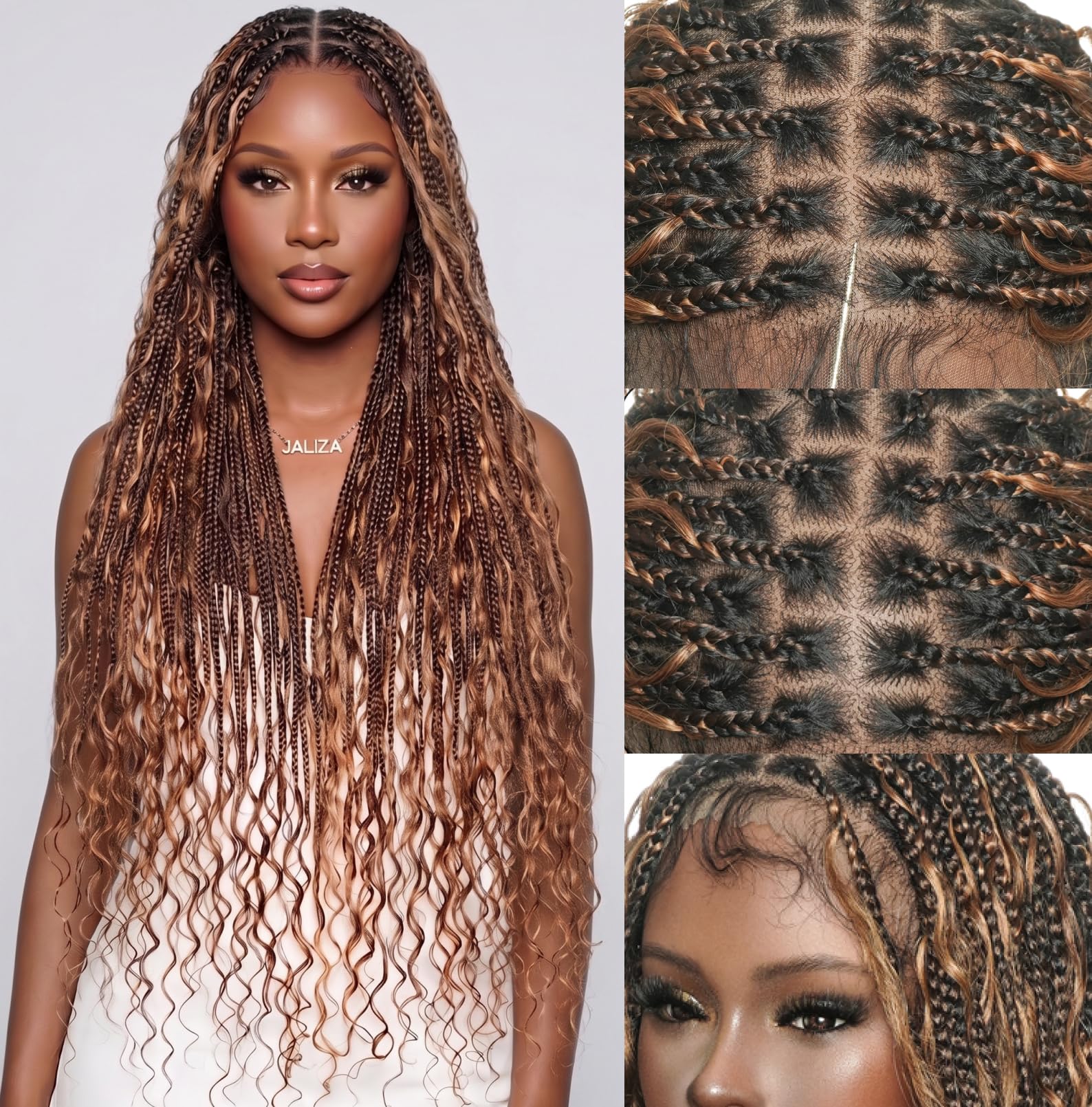 JALIZA 34" Mila Boho Braided Wigs for Black Women - Knotless Human Hair Boho Curls and Synthetic Braids, 360 Hand-Tied Full Lace, Natural Scalp, Pre-Plucked, Fi