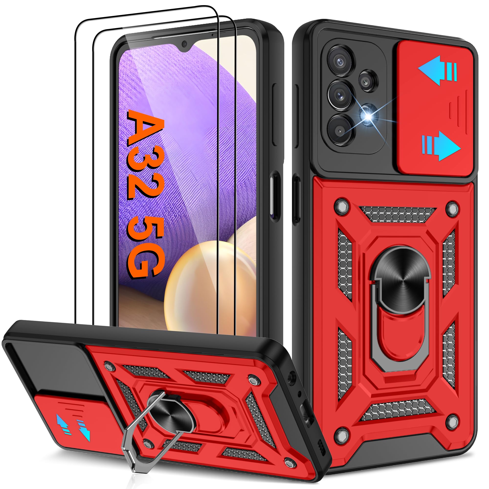 for Galaxy A32-5G Phone Case, Samsung A32 5G Case with (2 Pcs) HD Screen Protector, Heavy Duty Shockproof with 360° Rotation Kickstand [Military Grade] Protective Case for Galaxy A32 5G, Red