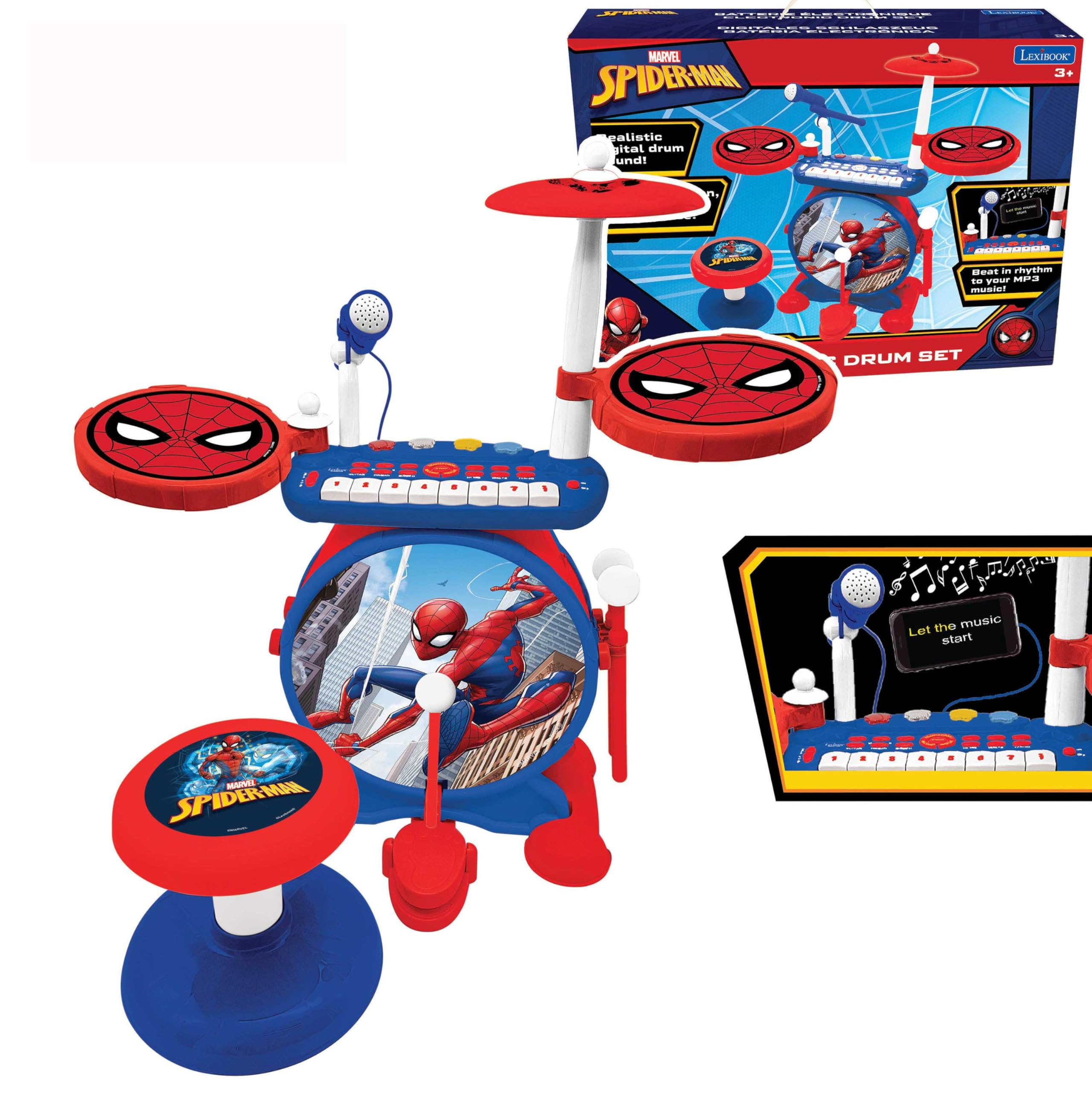 Lexibook, Spider-Man, Electronic Set for Children, Musical Toy Game, Realistic Drum Sound, 8-Keys Keyboard, MP3 Plug, seat Included, Blue/red, K610SPLXB — image 1