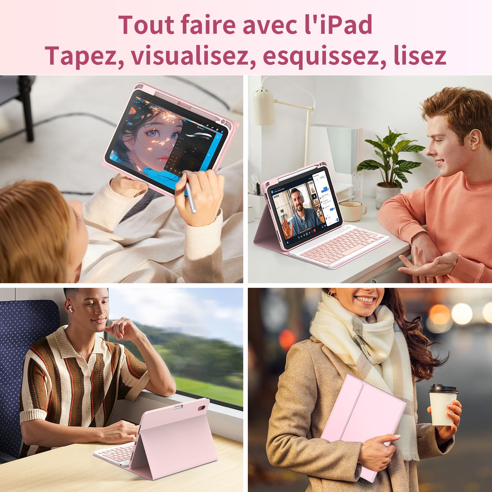 GAOJIE Coque Clavier pour iPad 11e Génération A16 2025/10e Génération 10,9 Pouces 2022, Coque de Protection avec Porte-Crayon, AZERTY Clavier Français Détachable sans Fil pour iPad 11/10.9''(Rose)