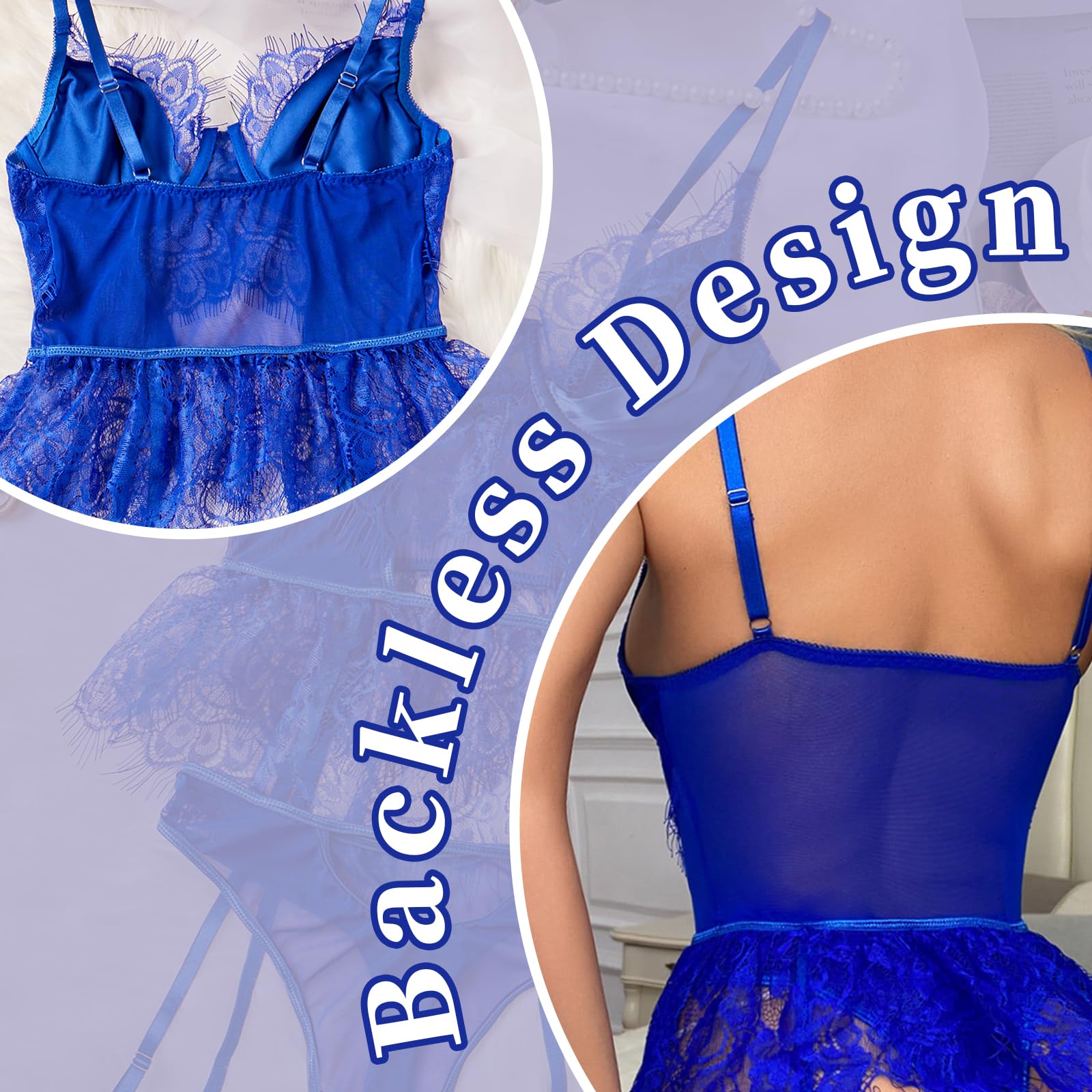 ssgrlvok Sexy Lingerie 3 Piece Set Women Lace Bodysuit with G-String and Stockings Push Up Bralette Sheer Mesh Cute Outfits