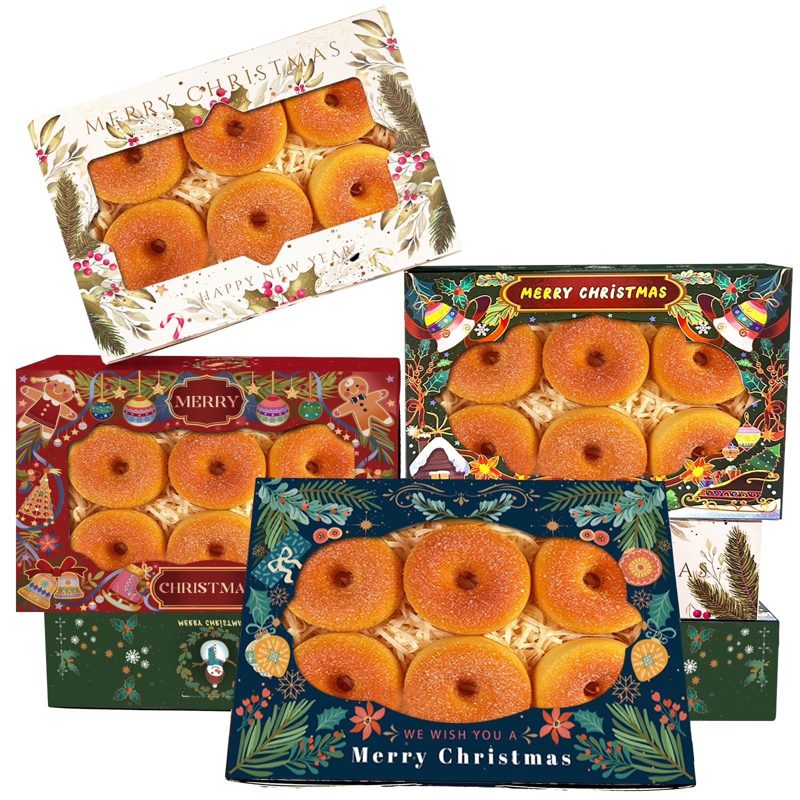 qiqee Scatola per biscotti di Natale con finestra, 22,9 x 15,2 x 6,3 cm, 50 pezzi, per pasticceria, macaron, stile retrò, per Natale
