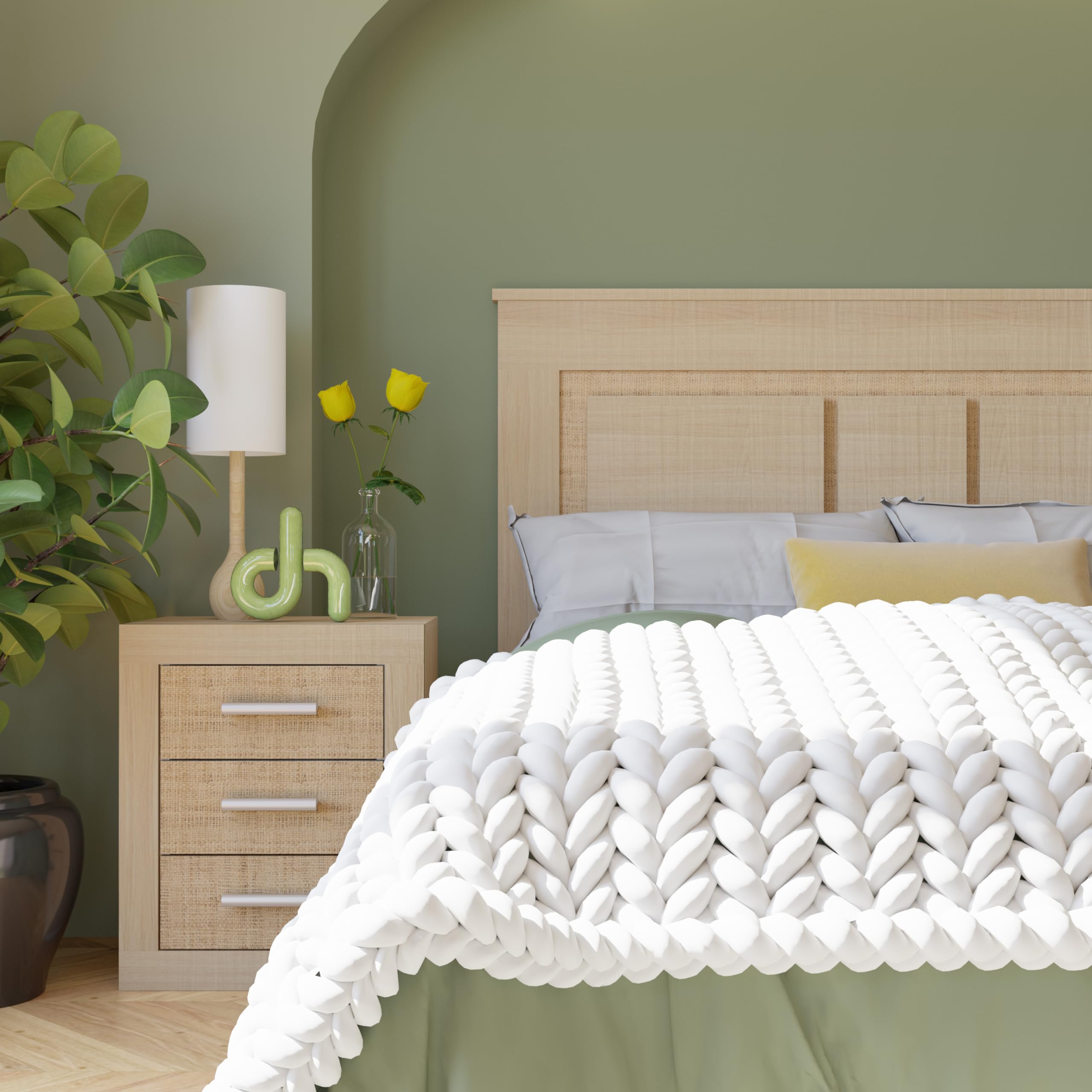 duehome | Pack de Dormitorio con Cabecero + 2 mesitas de Noche + Sinfonier + Espejo + Armario y Cajonera Interior, Dormitorio Completo, Modelo Kira 5c Plus, Acabado en Tofe y Textil