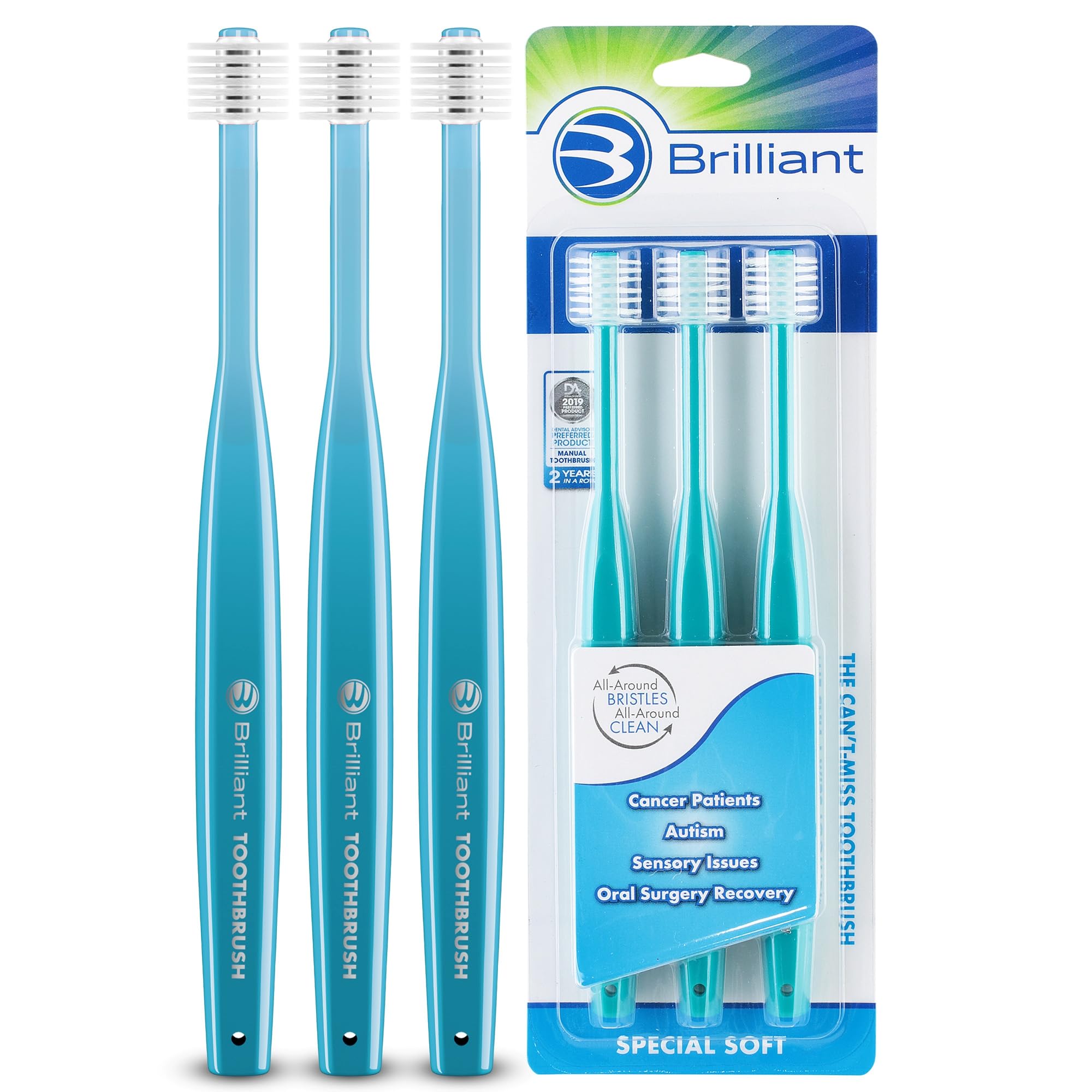 Brilliant Specialty Adult Round Toothbrush for Sensitive Mouths to Support Chemo and Other Sensory Oral Care Needs with Ultra Soft Bristles, Teal, 3 Pack