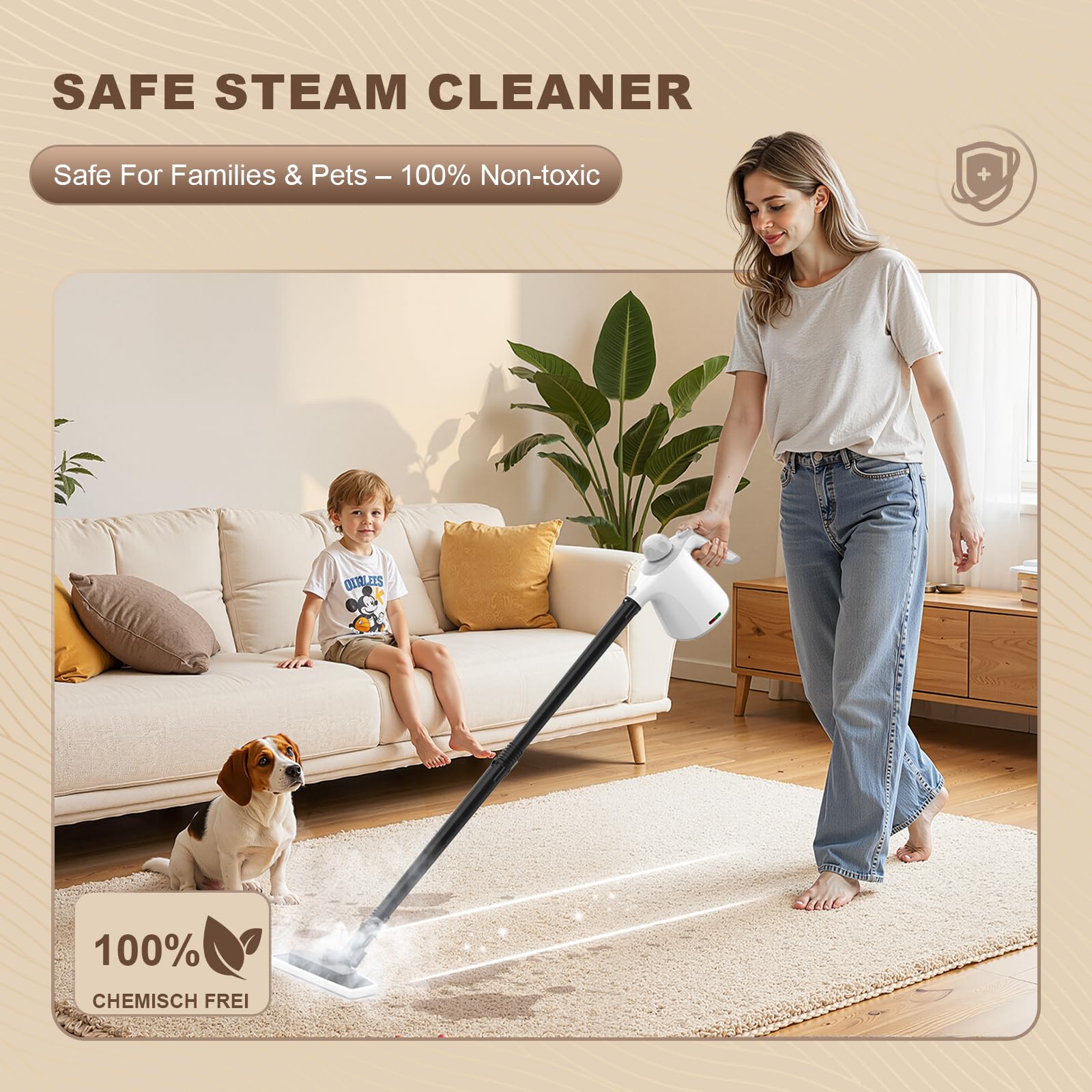 Dampfreiniger Handgerät mit 12-Teiligem Zubehör, 1100W 450 ml Handdampfreiniger für Haushalt, Küche, Bad, Fenster, Polster & Auto–100% Chemiefrei, Hochdruck-Dampf Gegen Schmutz Fett & Bakterien Weiß