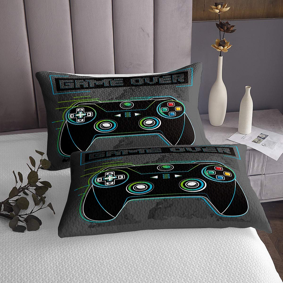 Gamepad Copriletto per ragazzi Gamer Coverlet Set e ragazzi Moderno Videogiochi Trapuntato Copertura Gioventù Novità Controller Trapuntato Arredamento Nero Grigio 3 Pz260x240cm