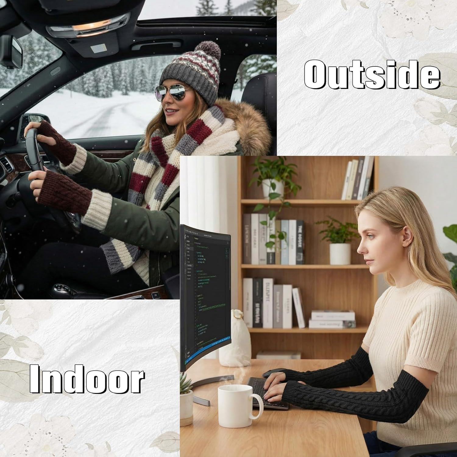 Suhine 2 Pairs Women Fleece Lined Arm Warmers, Cable Knit Long Fingerless Gloves Arm Sleeve Cute Warm Gloves for Winter - Image 3