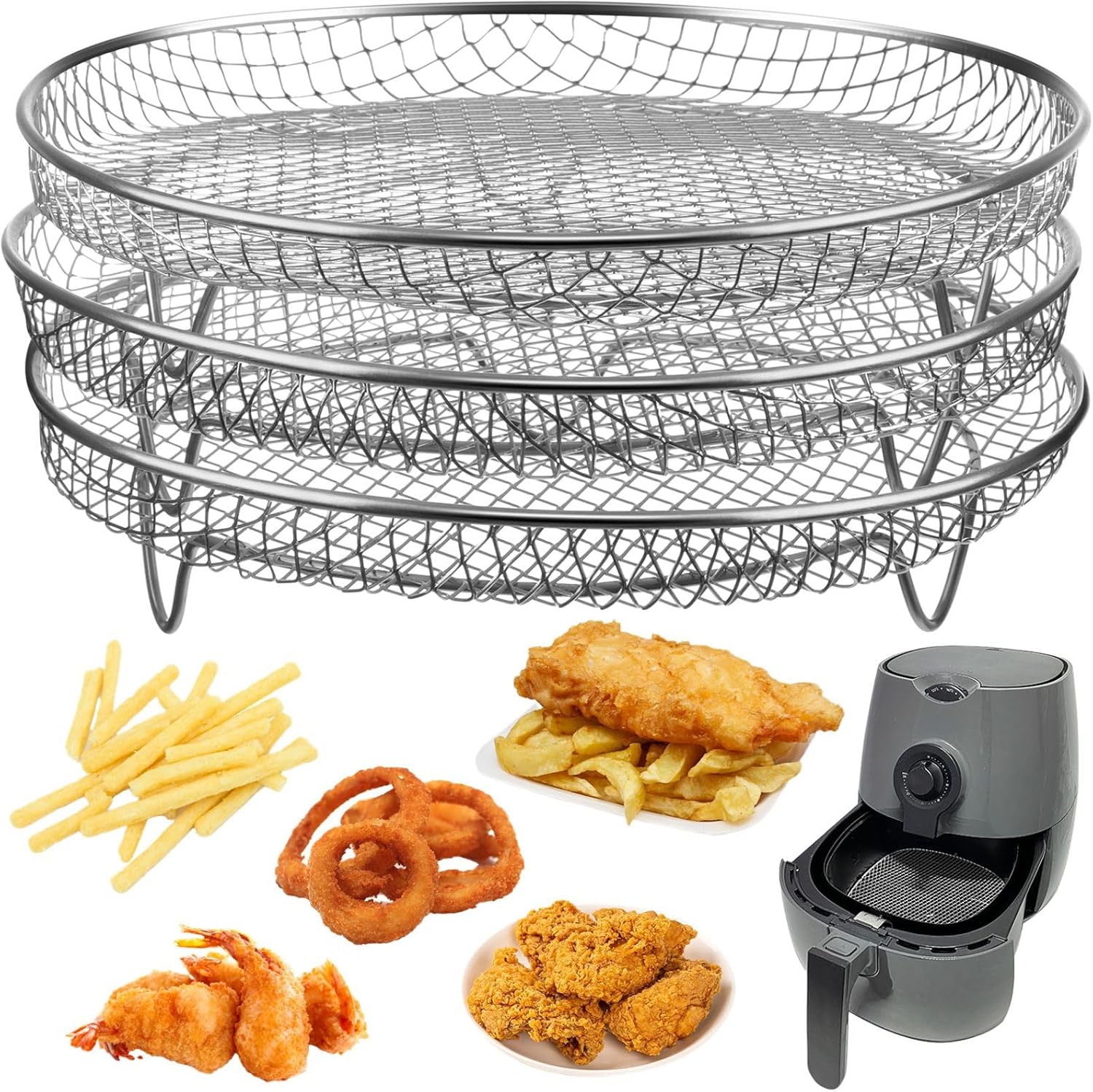 7.8-Inch Stackable Air Fryer Racks, Set of 3, Fits 4.2Qt-5.8Qt Air Fryers, Stainless Steel Dehydrator Racks for, Gowise, Ovens & Pressure Cookers