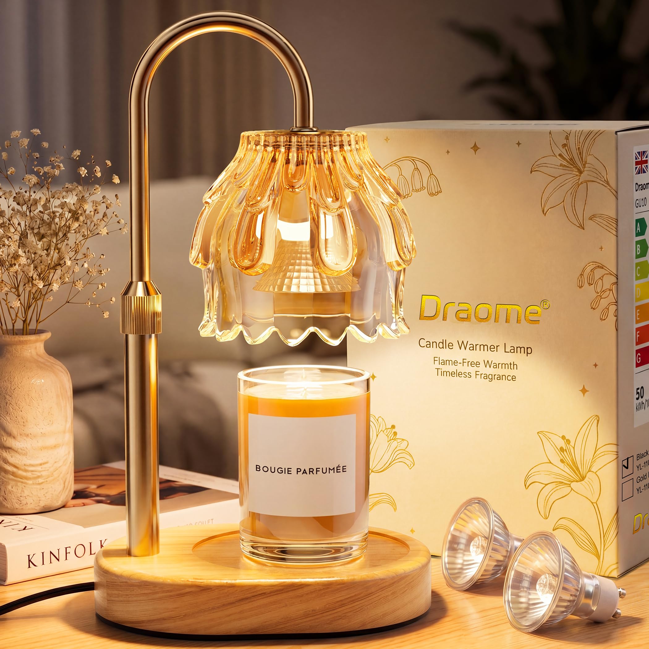 Draome Candle Warmer Lamp for Birthday Gifts for Women, Height Adjustable Electric Wax Melter with Timer & 2 Bulbs, Luxury Gift for Her, Mum, Friend, Flameless Candle Lamp for Yankee Jar Candles