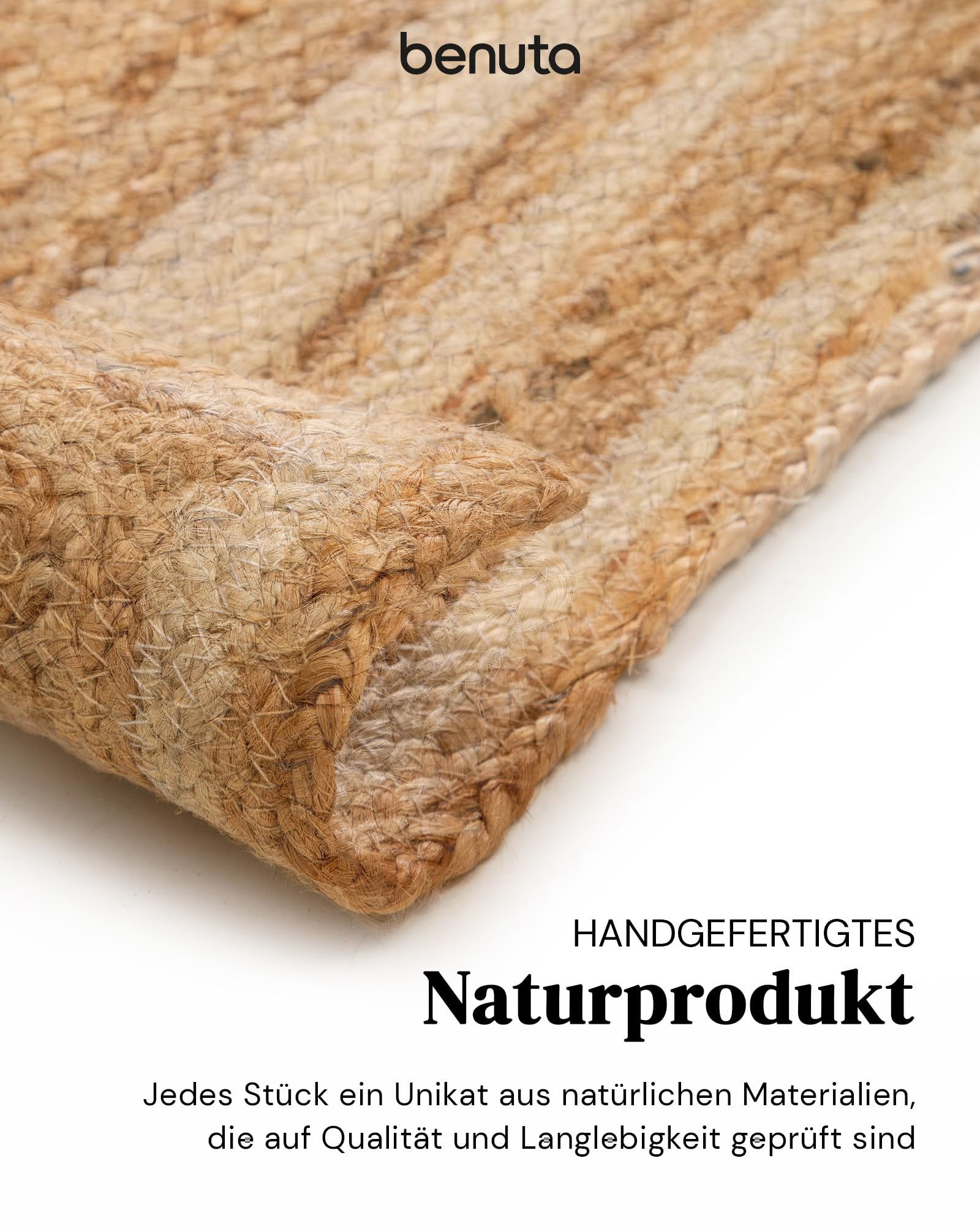 benuta Pure Jute Teppich Jutta - Natur 200x300cm - Weiße Bordüre - Handgewebter Wohnzimmerteppich - Natürliches Boho Design - Für Fußbodenheizung geeignet