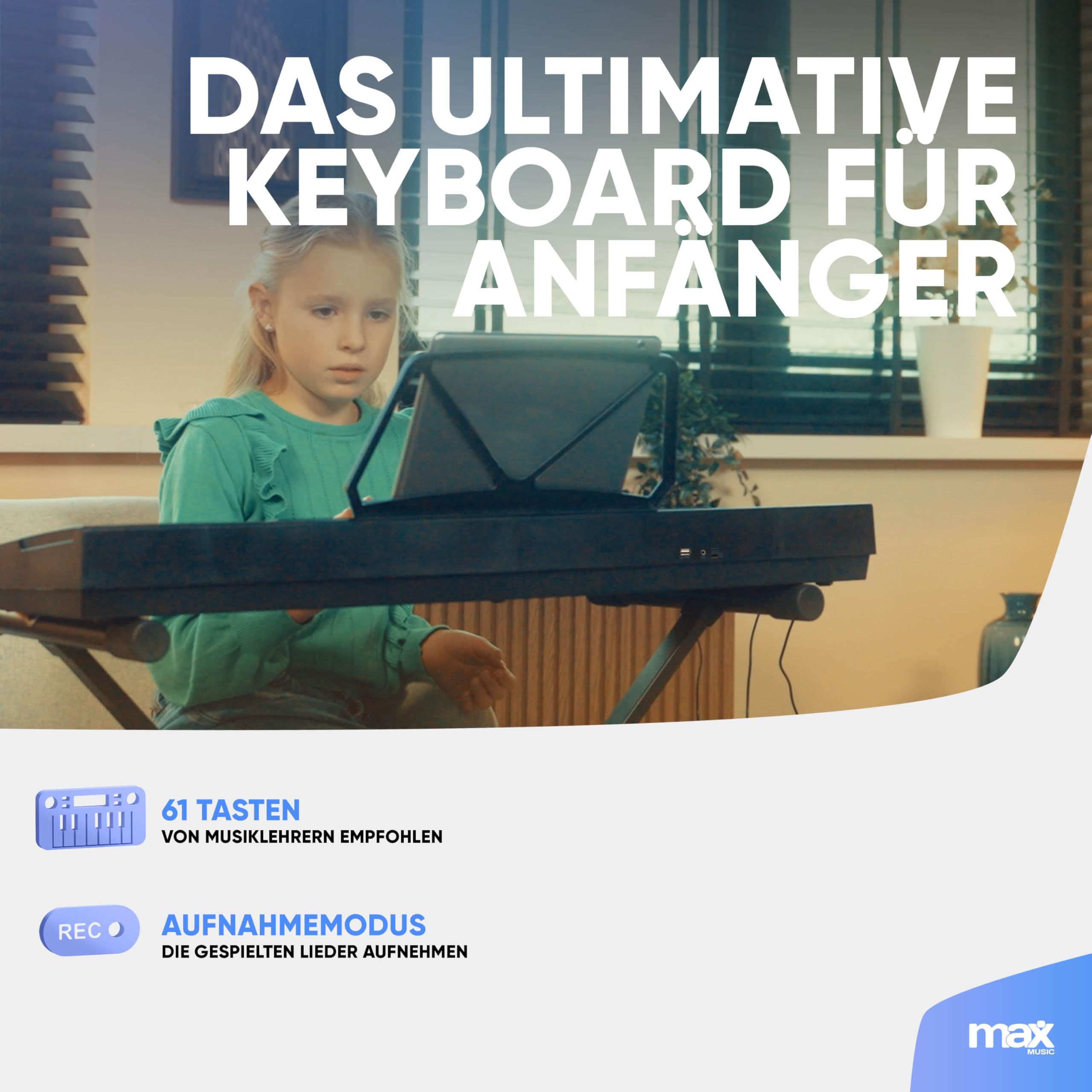 MAX KD61 Elektronische Tastatur für Kinder, 61 Tasten, mit Akku, Mikrofon, LED-Display, Aufnahme, Rhythmen, Akkorde und Lernfunktionen für Anfänger ab 5 Jahren – Schwarz