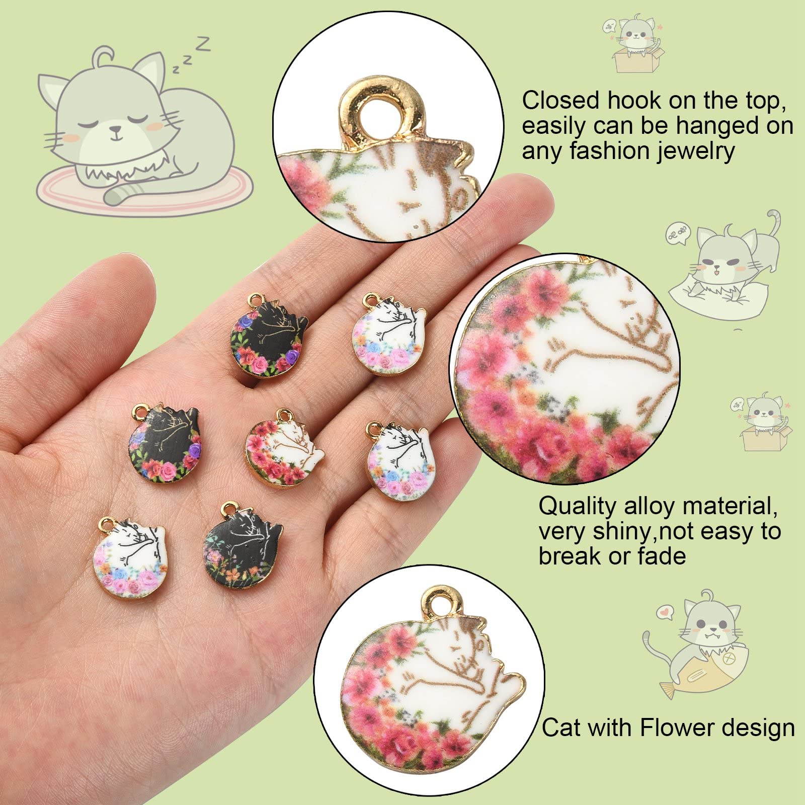 Stiesy 40Pcs 4 Styles Enamel Black White Cat Charms Pendants Flower Printed Kitten Charms Cute Sleeping Cat Dangle Charms for DIY Crafts Bracelet Jewelry Making - Image 3