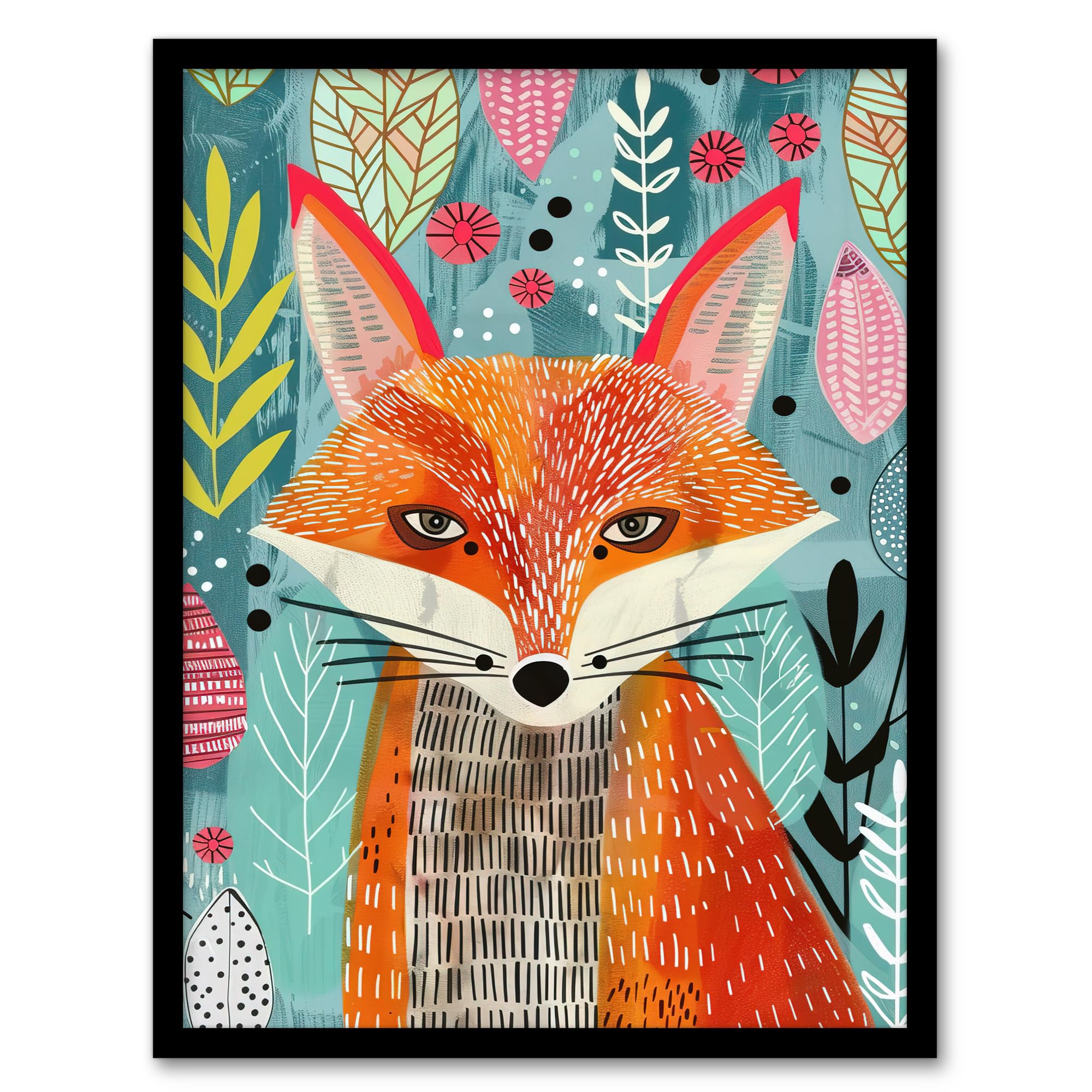 Artery8 Devious Fox in Garden Folk Art Pattern Design Kids Bedroom Artwork Framed Wall Art Print A4