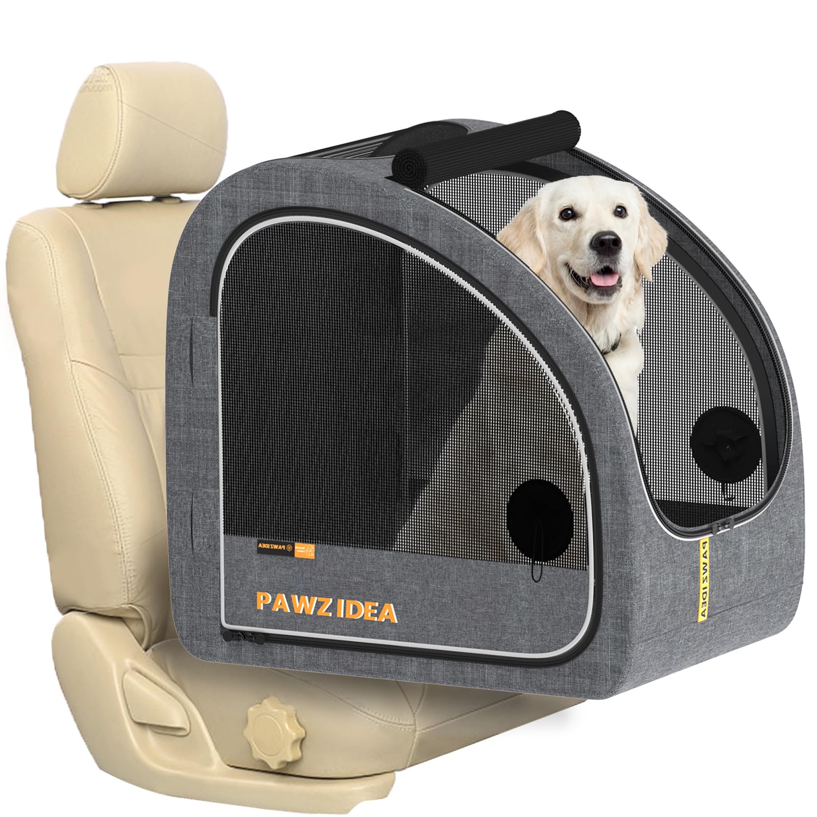 PAWZIDEA Tragbare Hundebox für Autoreisen, zusammenklappbare Haustier-Reiseboxen für mittelgroße und große Hunde, geschlossene weiche Seiten-Autohütte für den Rücksitz, sichert mit Sicherheitsgurt und