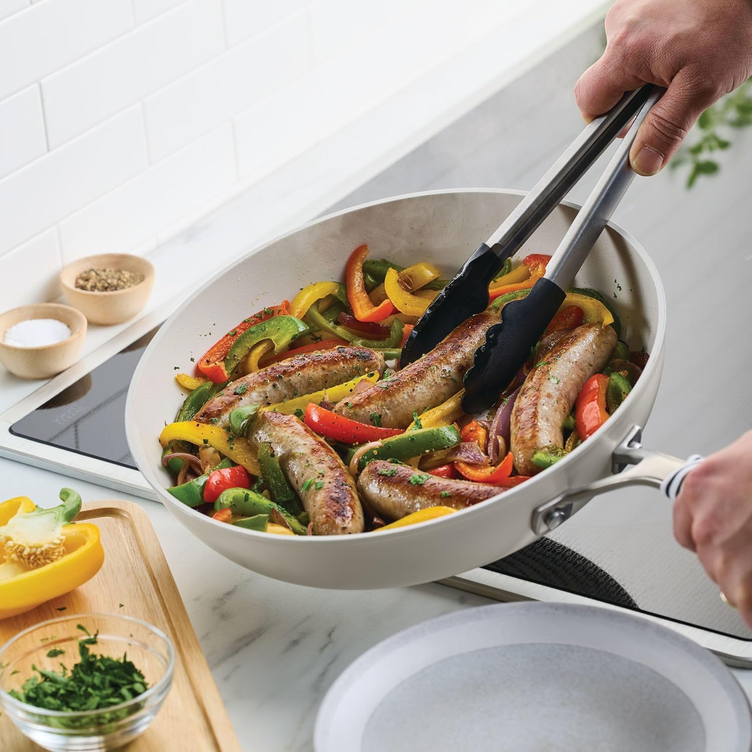 KitchenAid Hard Anodized Ceramic Induction Nonstick Cookware Frying Pan/Skillet with Lid, Dishwasher Safe, 12.25 Inch Non Stick Fry Pan with Stainless Steel Handle - Porcelain White