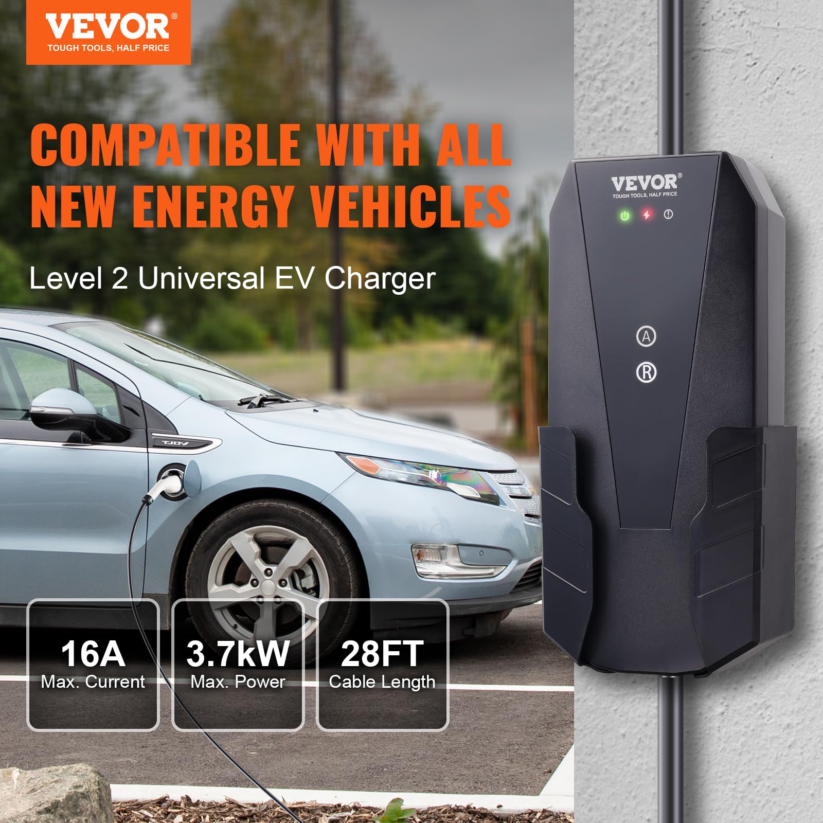 VEVOR Przenośna ładowarka EV, 3,68 kW, ładowarka do pojazdów elektrycznych, kabel do ładowania EV, typ 2(IEC62196) CEE 7/7, wtyczka 8-16 A, 1-fazowa stacja ładująca EV, długość kabla 8,6 m, IP66, wodoszczelna skrzynka ścienna