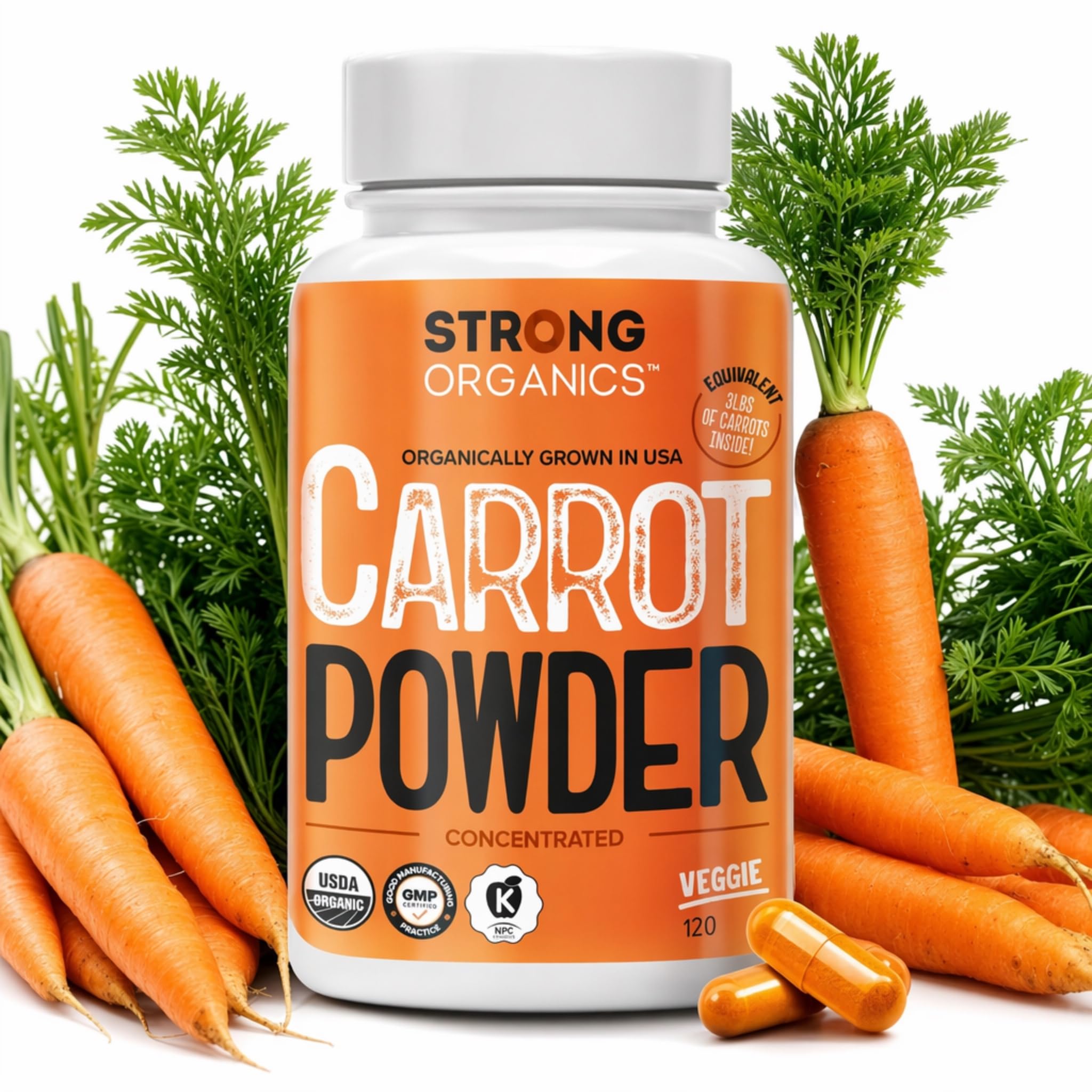 Raw Carrot Juice Powder Capsules, Beta Carotene, 120 Count