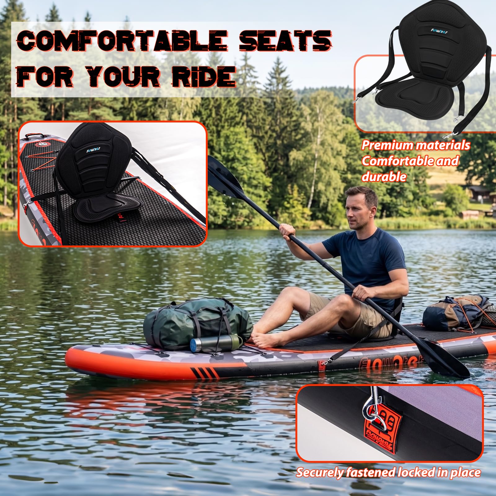 FunWater Nadmuchiwana deska SUP 330 cm – kompletny zestaw z wiosłem, plecakiem, pokrowcem na telefon komórkowy, 3 płetwami, pompką, siedziskiem i paskiem na ramię – deska SUP dla początkujących i