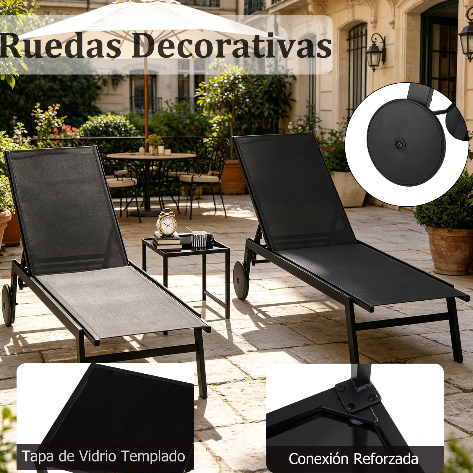 GOPLUS Tumbona Jardin Exterior con Mesa Auxiliar de Cristal, Conjunto de Sillas Exterior Apliables Reclinables en 6 Posiciones y 2 Ruedas Incorporadas, Malla Transpirable, Carga 150kg (Gris + Negro)