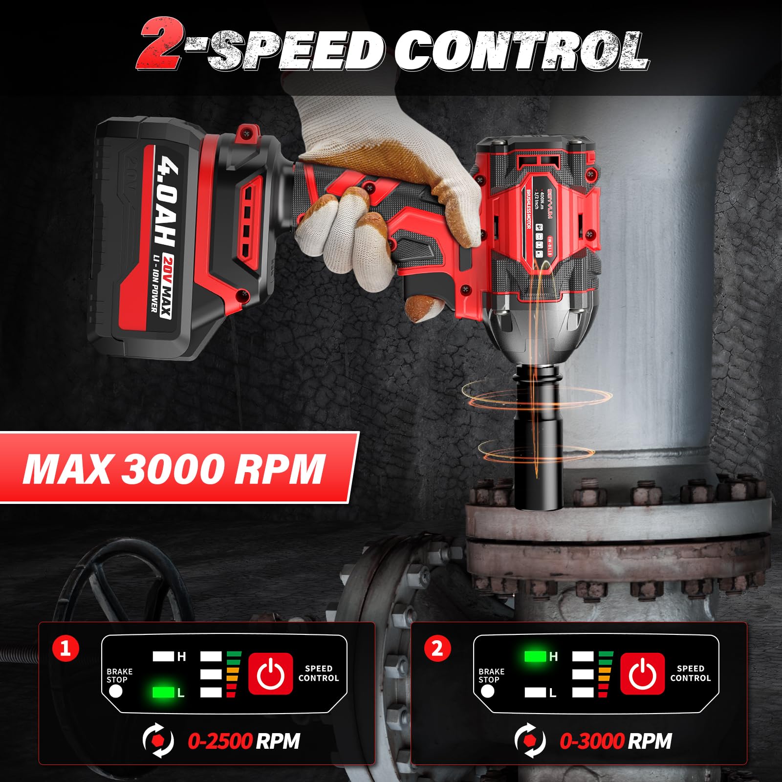 SEYVUM Impact Wrench, Max Torque 400 N.m Cordless 1/2 Impact Driver, 20V 3000RPM Brushless Motor, 4.0Ah Li-ion Battery and Fast Charger, 4 Pcs Sockets Included 3