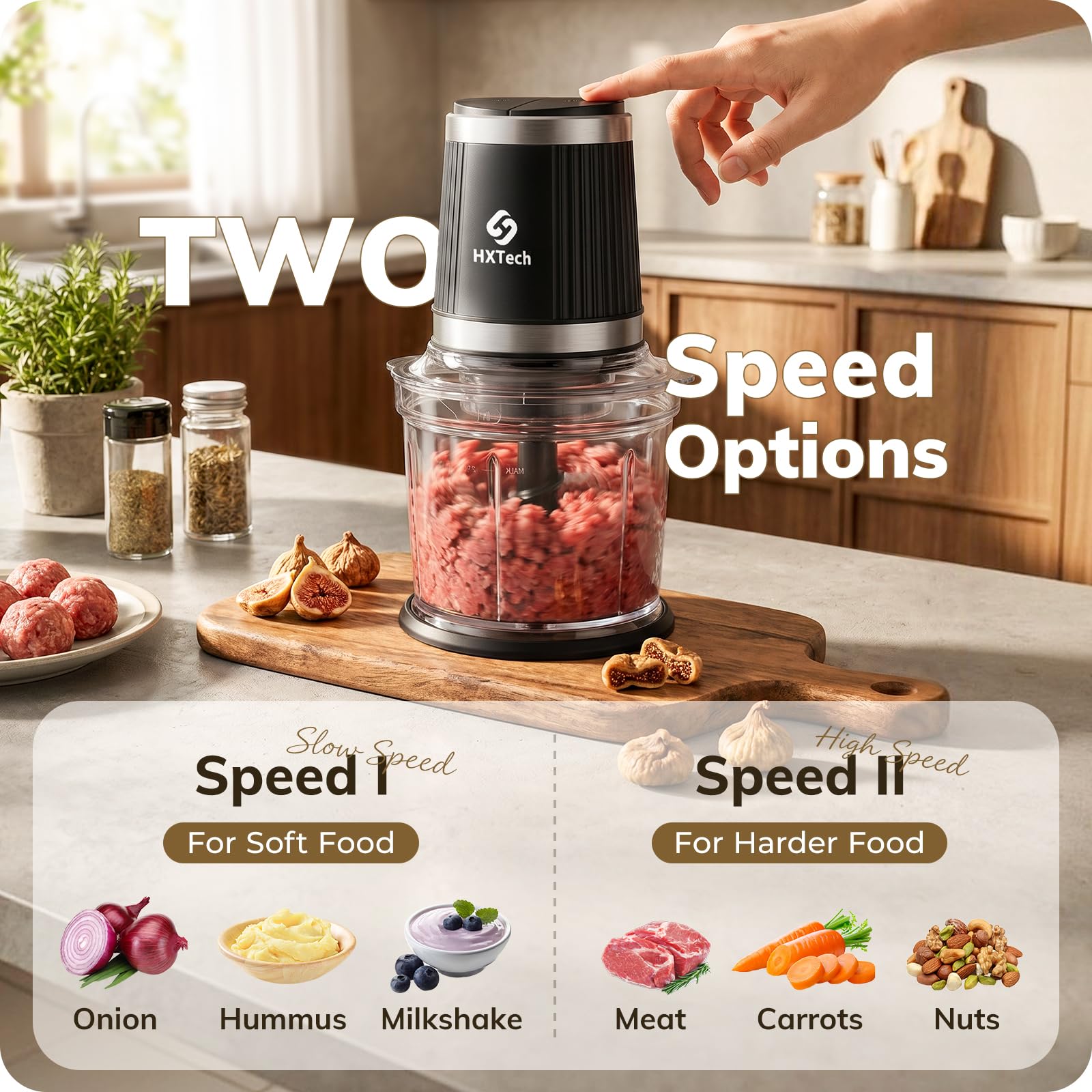 Robot culinaire, hachoir électrique avec 2 bols (2 × 4 tasses) et 2 ensembles de lames en S double couche (noir, 2 bols)