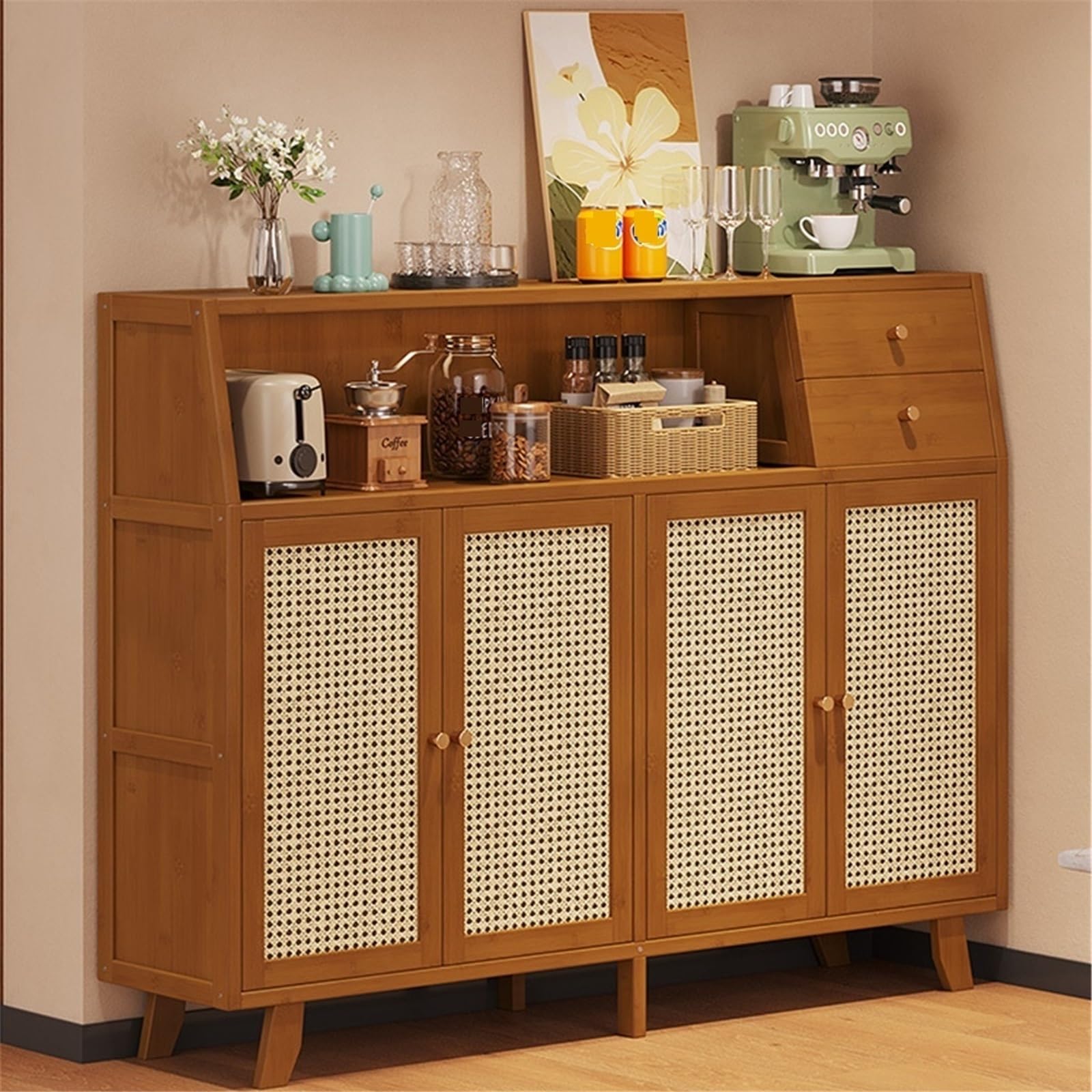 Mueble aparador Retro-Style Kitchen Sideboard Living Room Storage Floor-Standing Wall-Mounted Four Doors with Compartments Mesa de Centro Consola(Blanco)