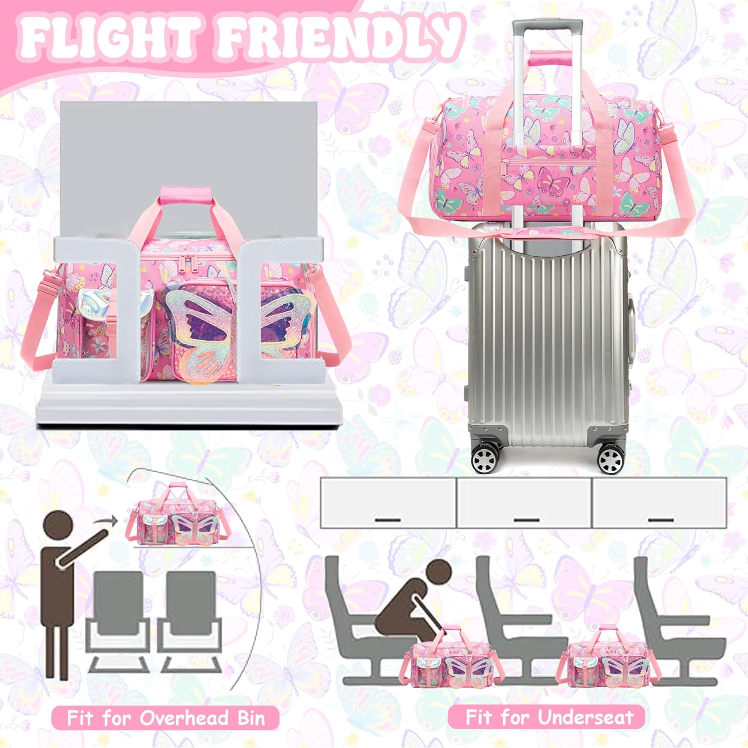 Butterfly Kids Duffle Bag Girls Ballet Dance Bag Overnight Travel Bags for Girls Gymnastics Sports Bags for Kids with Shoe Compartment - Image 5