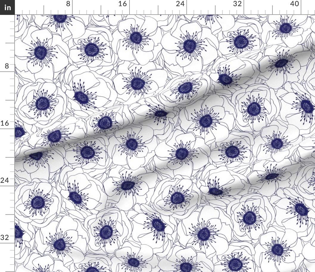 Spoonflower Fabric - White Navy Flowers Floral Botanical Poppy Poppies Blue Orange Printed on Petal Signature Cotton Fabric by The Yard - Sewing Quilting Apparel Crafts Decor